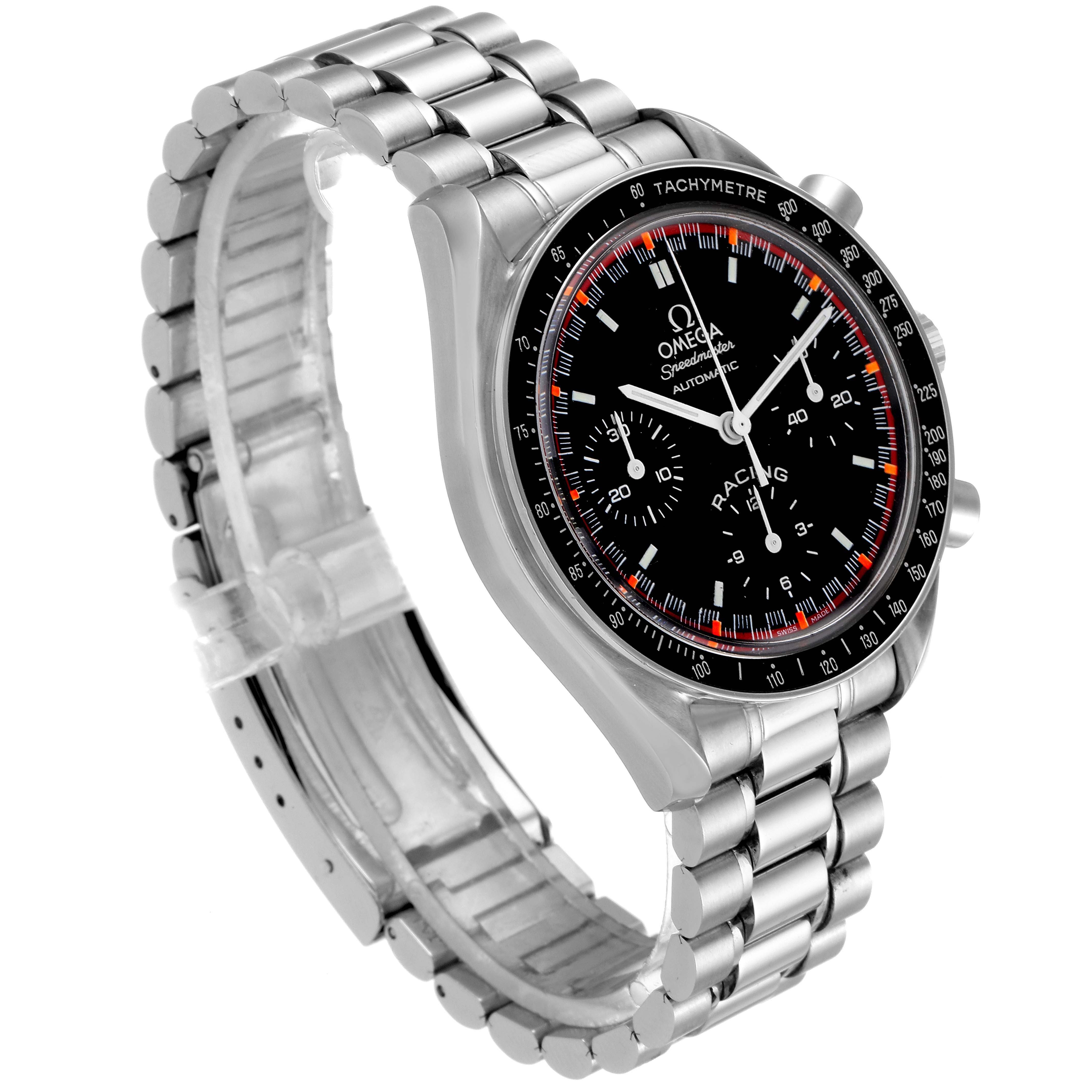 This image of the Omega Speedmaster 3518.50.00 Men
s Stainless Steel Black Dial 3518.50.00 Men
s Stainless Steel Black Dial watch shows a three-quarter angle with a focus on the face and stainless steel bracelet.
