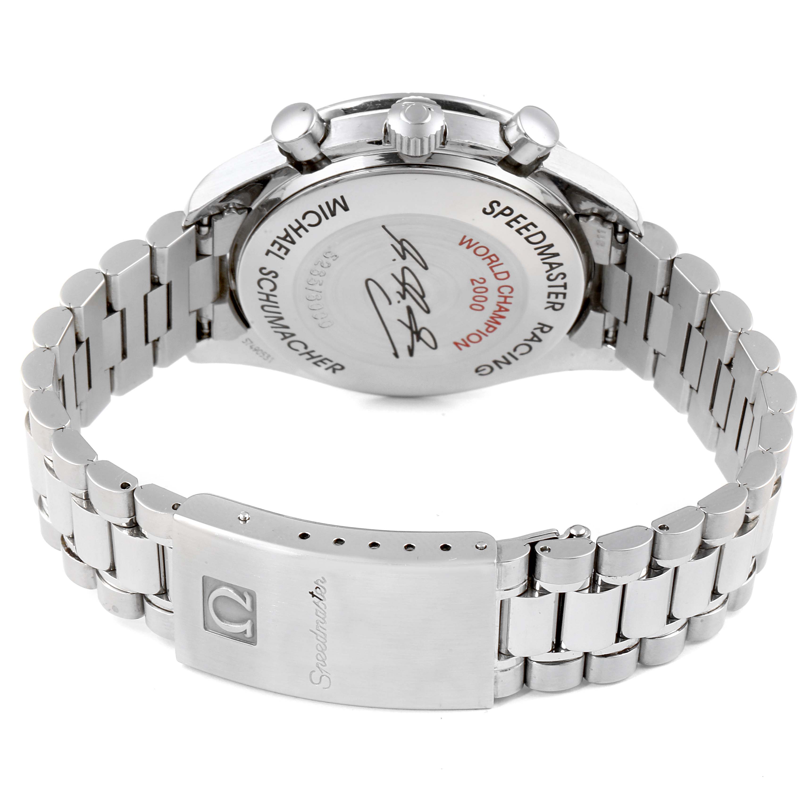 This image shows the back and bracelet of an Omega Speedmaster 3518.50.00 Men
s Stainless Steel Black Dial 3518.50.00 Men
s Stainless Steel Black Dial watch from a rear angle, highlighting the engraved case back and clasp.