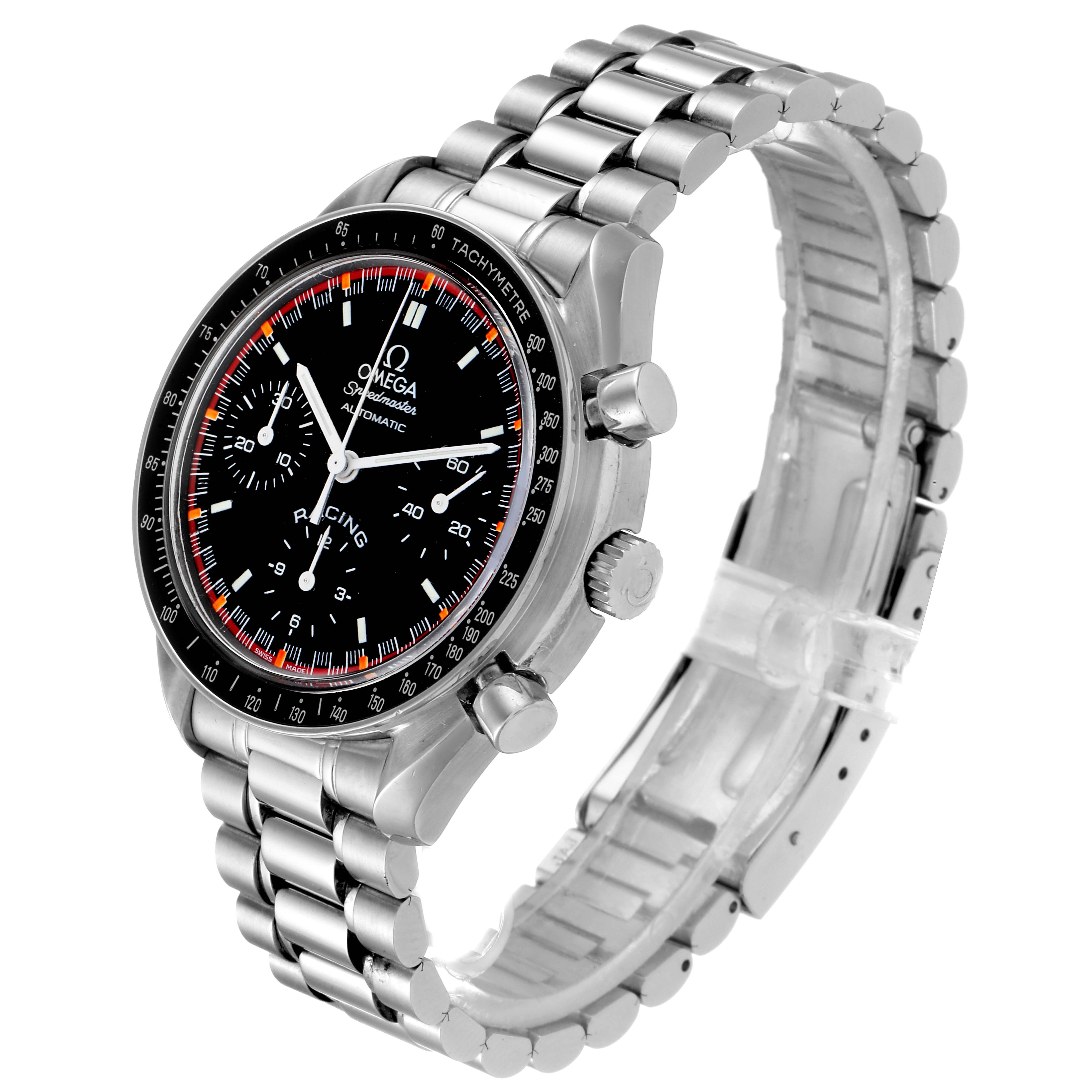 The Omega Speedmaster 3518.50.00 Men
s Stainless Steel Black Dial 3518.50.00 Men
s Stainless Steel Black Dial watch is shown at a three-quarter angle, displaying the face, bezel, and metal bracelet.