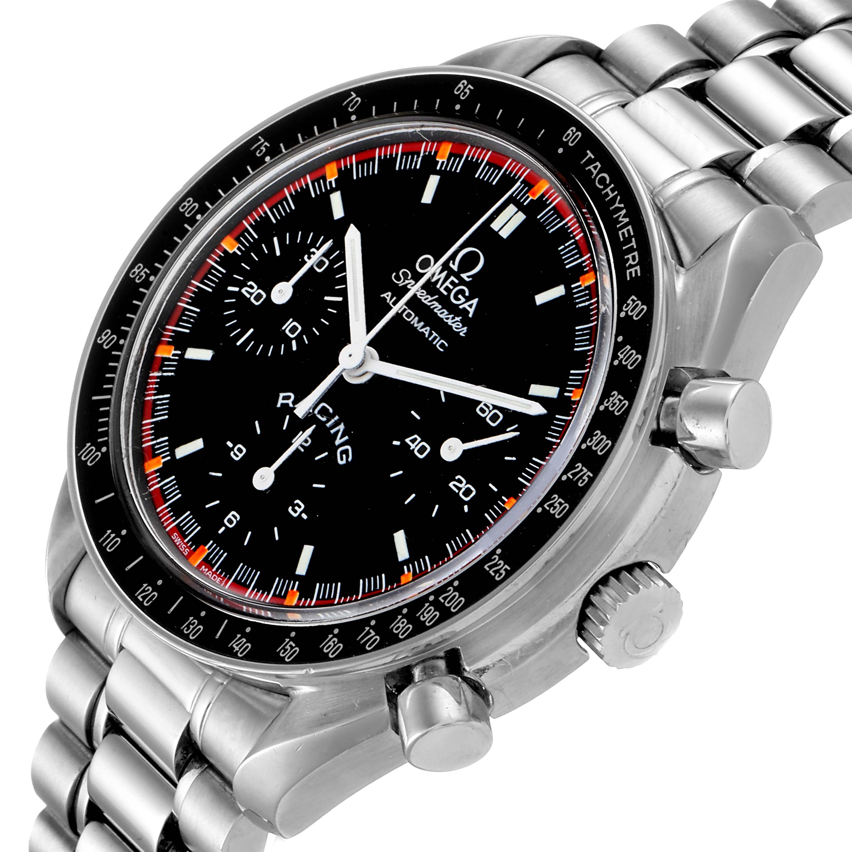 This image shows the Omega Speedmaster 3518.50.00 Men
s Stainless Steel Black Dial 3518.50.00 Men
s Stainless Steel Black Dial watch from a three-quarter angle, highlighting the face, bezel, pushers, and part of the bracelet.