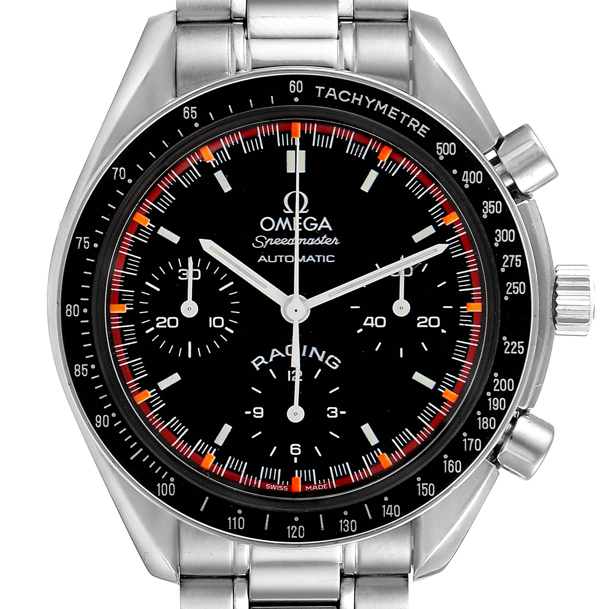 This image shows a frontal view of an Omega Speedmaster 3518.50.00 Men
s Stainless Steel Black Dial 3518.50.00 Men
s Stainless Steel Black Dial Racing watch, featuring its black dial, chronograph subdials, tachymeter bezel, and stainless steel bracelet.