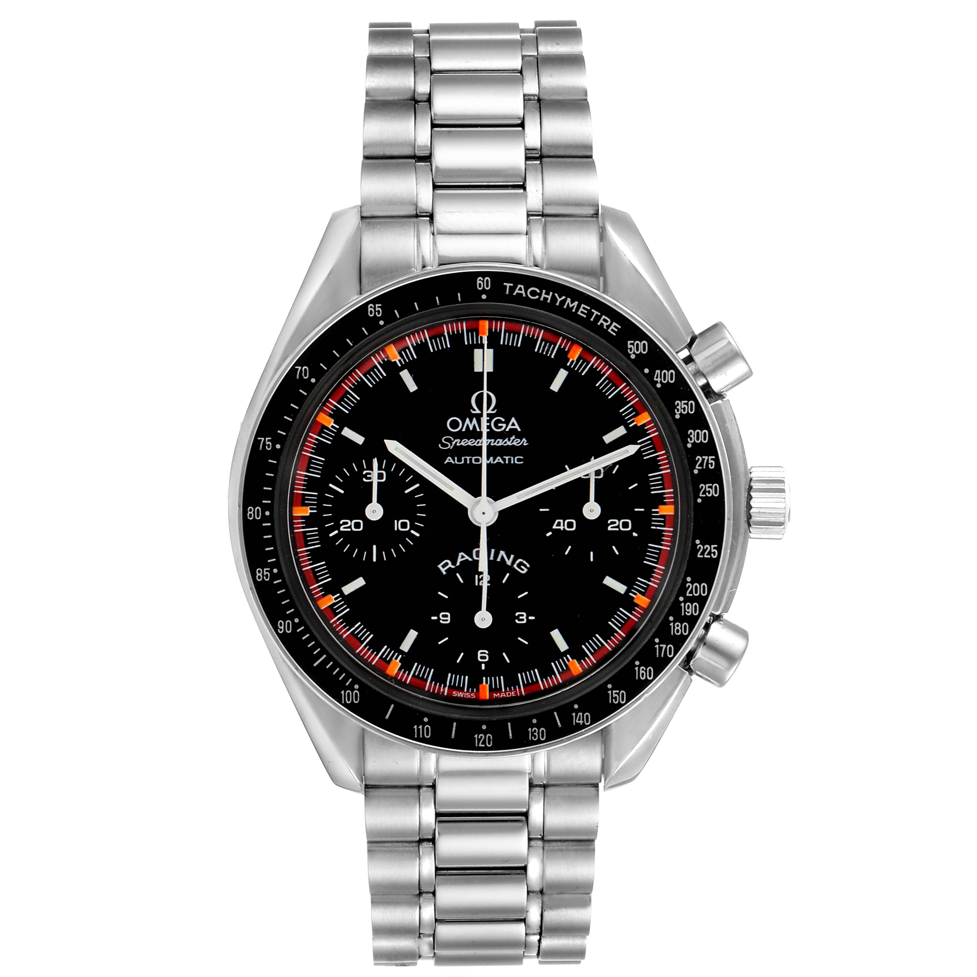 The Omega Speedmaster 3518.50.00 Men
s Stainless Steel Black Dial 3518.50.00 Men
s Stainless Steel Black Dial watch is shown from a front angle, displaying the face, dial, and stainless steel bracelet.