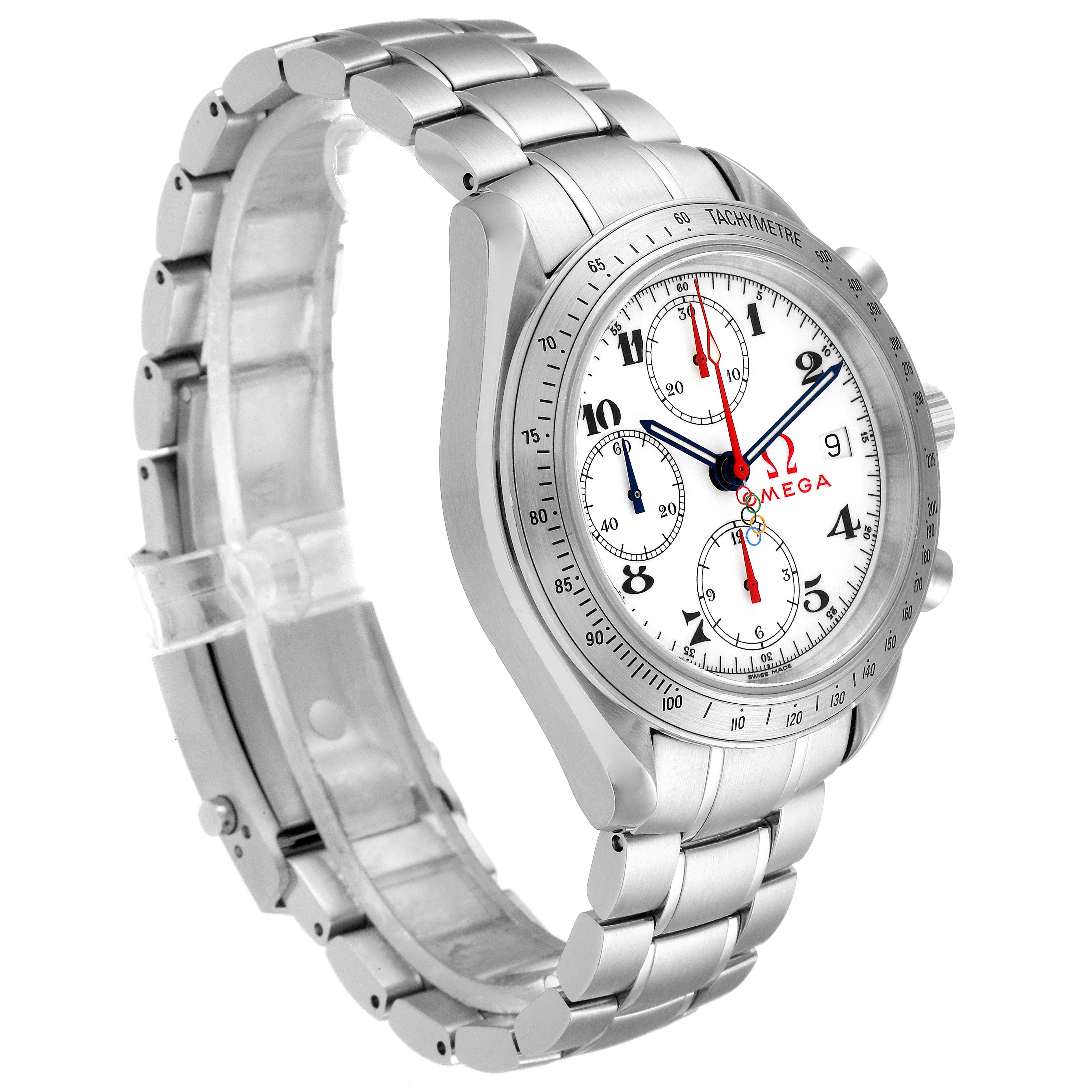 The image shows a side and angled view of an Omega Speedmaster 323.10.40.40.04.001 Men's Stainless Steel White Dial 323.10.40.40.04.001 Men's Stainless Steel White Dial watch, highlighting its face, case, and metal bracelet.