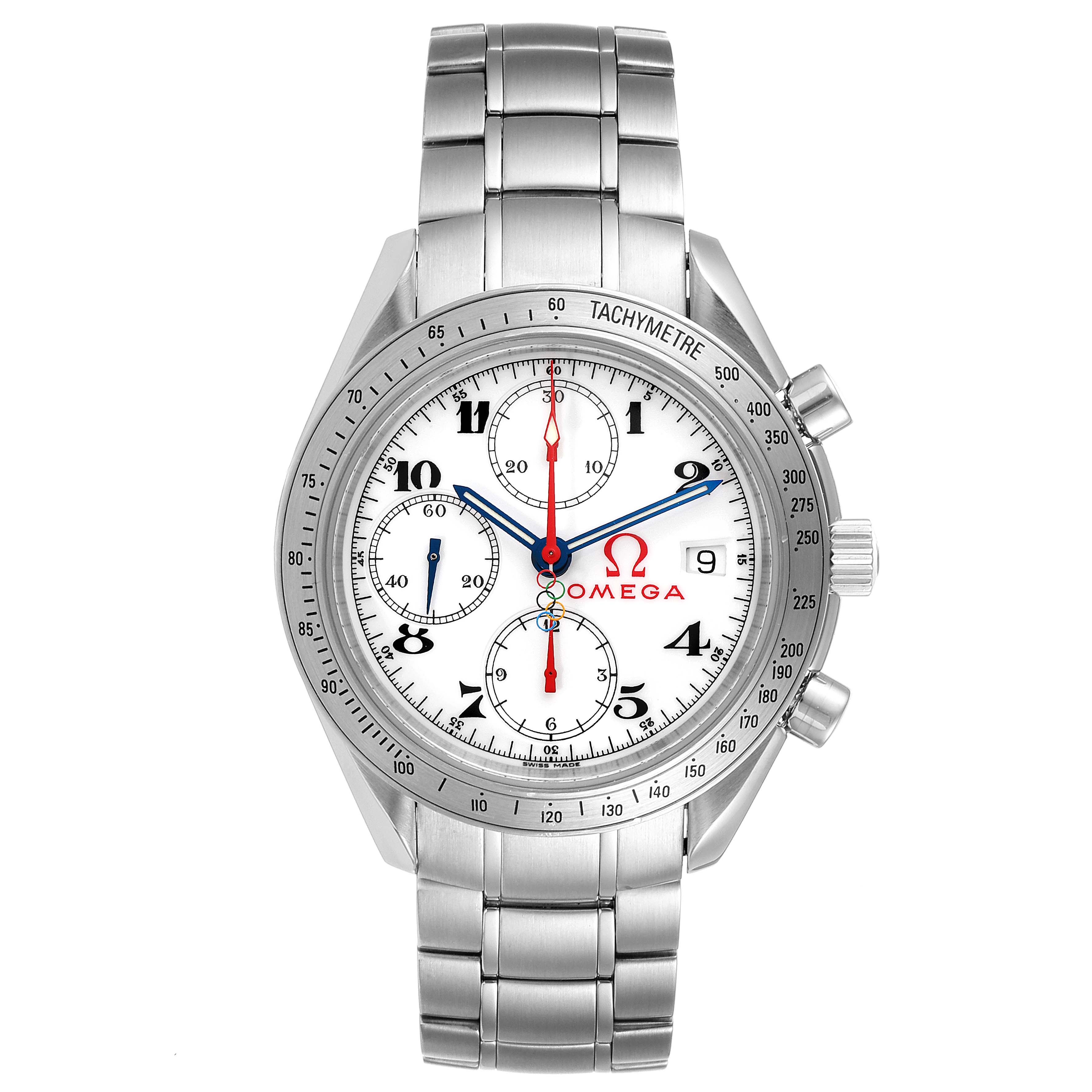 The image shows a front view of the Omega Speedmaster 323.10.40.40.04.001 Men's Stainless Steel White Dial 323.10.40.40.04.001 Men's Stainless Steel White Dial watch, displaying its face, bezel, and stainless steel bracelet.