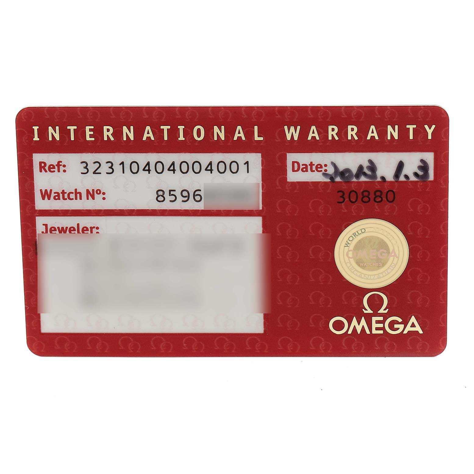 This image shows the international warranty card for the Omega Speedmaster 323.10.40.40.04.001 Men's Stainless Steel White Dial 323.10.40.40.04.001 Men's Stainless Steel White Dial watch, including reference and watch numbers.