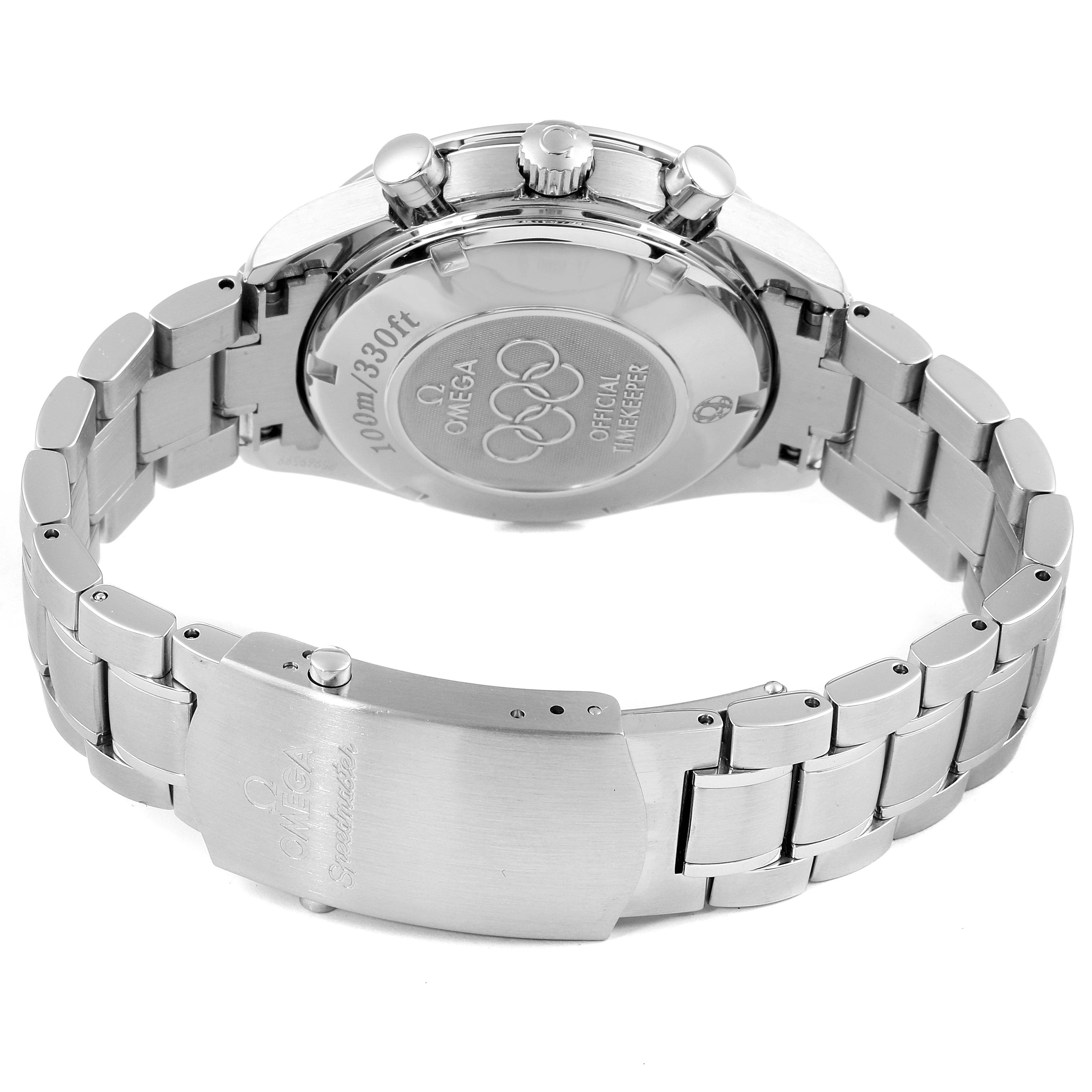 This image shows the back and clasp of the Omega Speedmaster 323.10.40.40.04.001 Men's Stainless Steel White Dial 323.10.40.40.04.001 Men's Stainless Steel White Dial watch, highlighting its stainless steel bracelet.