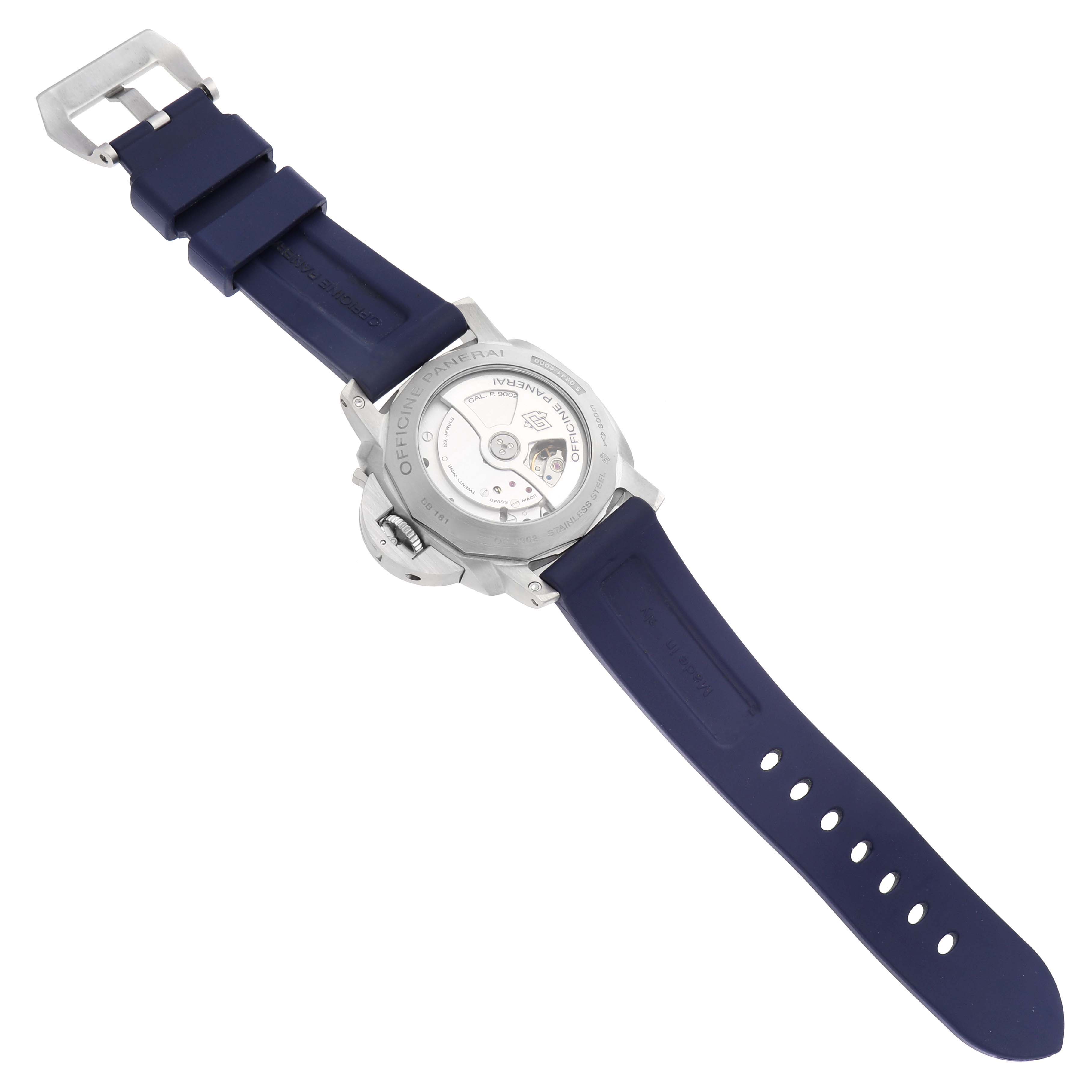 The image shows the back casing and strap of the Panerai Luminor PAM00321 Men's Stainless Steel Black Dial PAM00321 Men's Stainless Steel Black Dial, including an exhibition case back and blue rubber strap.