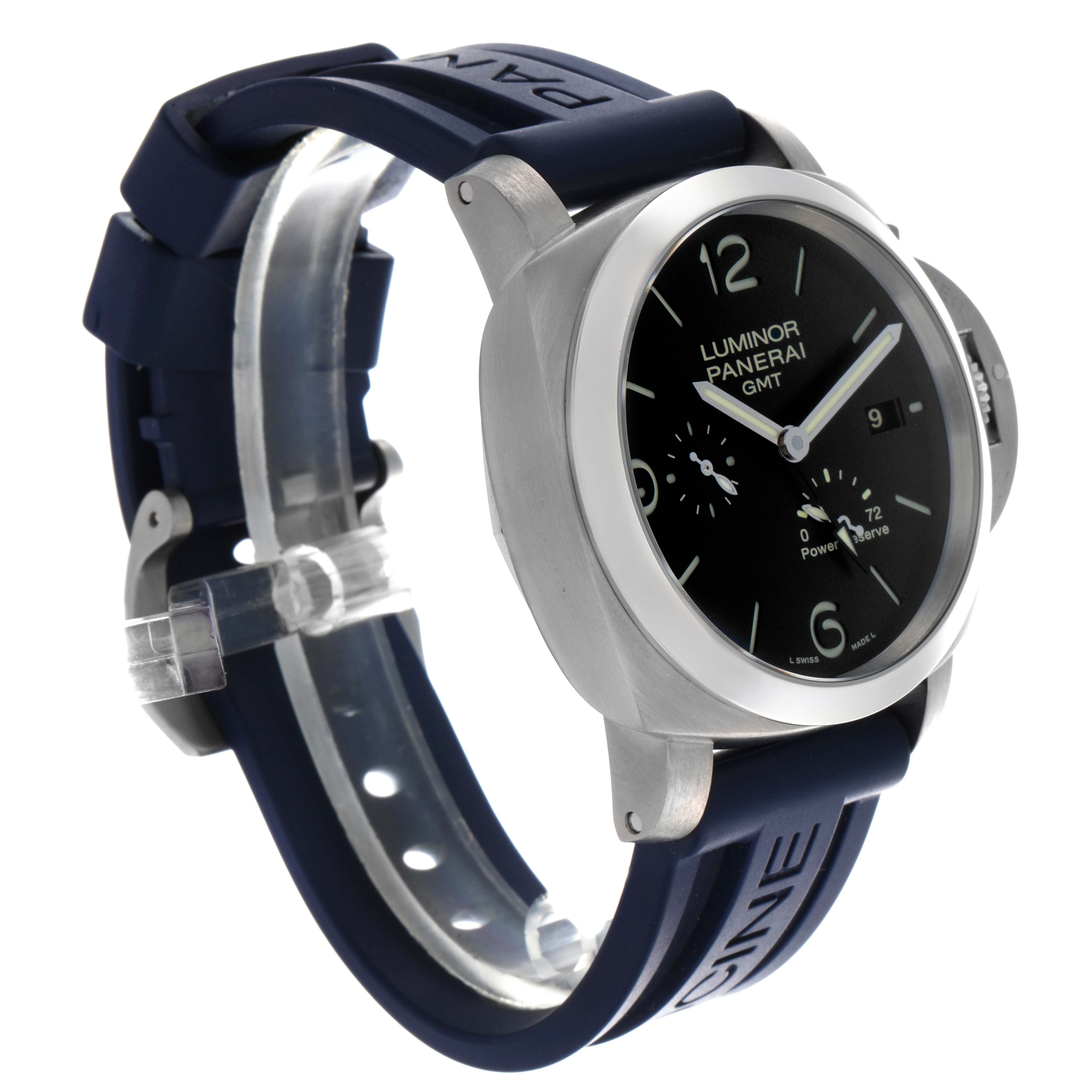 The Panerai Luminor PAM00321 Men's Stainless Steel Black Dial PAM00321 Men's Stainless Steel Black Dial watch is shown at a three-quarter angle, displaying the face, bezel, strap, and crown protector.