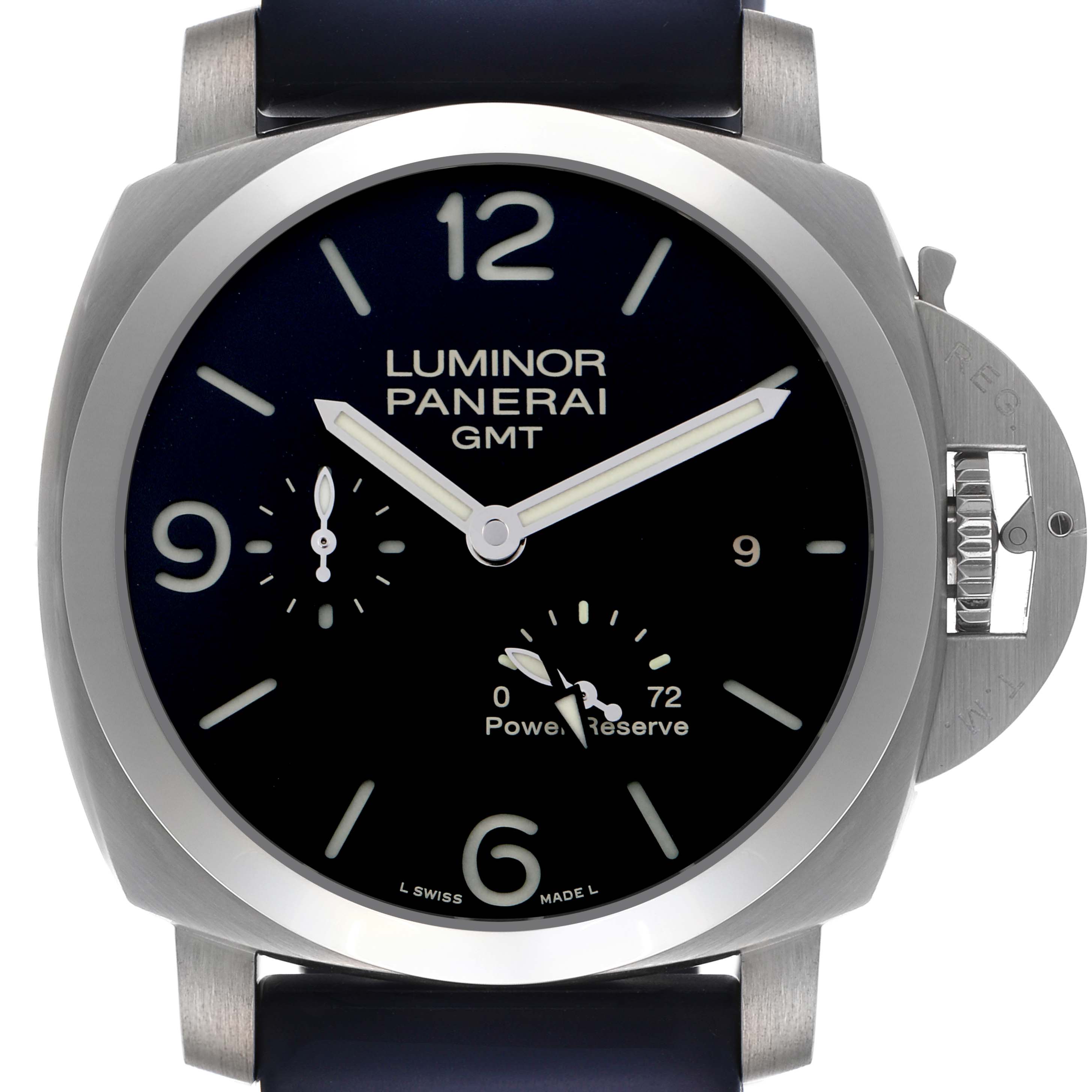 The Luminor Panerai GMT watch is shown from the front, displaying the dial, hands, and crown guard prominently.
