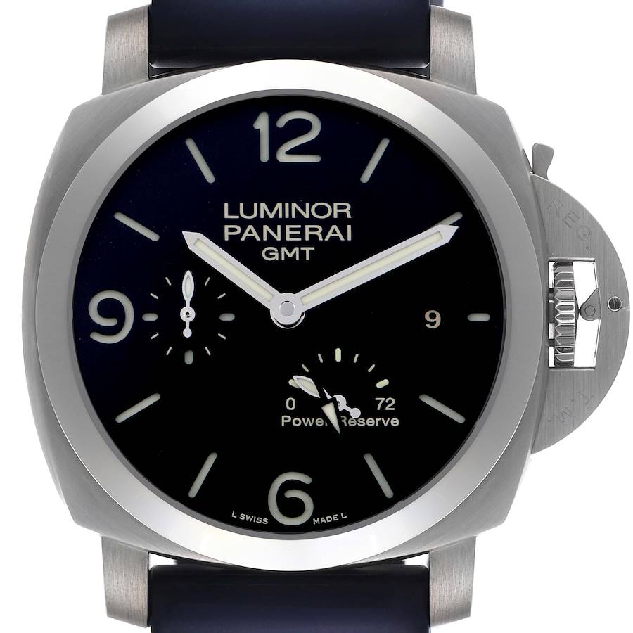 The Luminor Panerai GMT watch is shown from the front, displaying the dial, hands, and crown guard prominently.