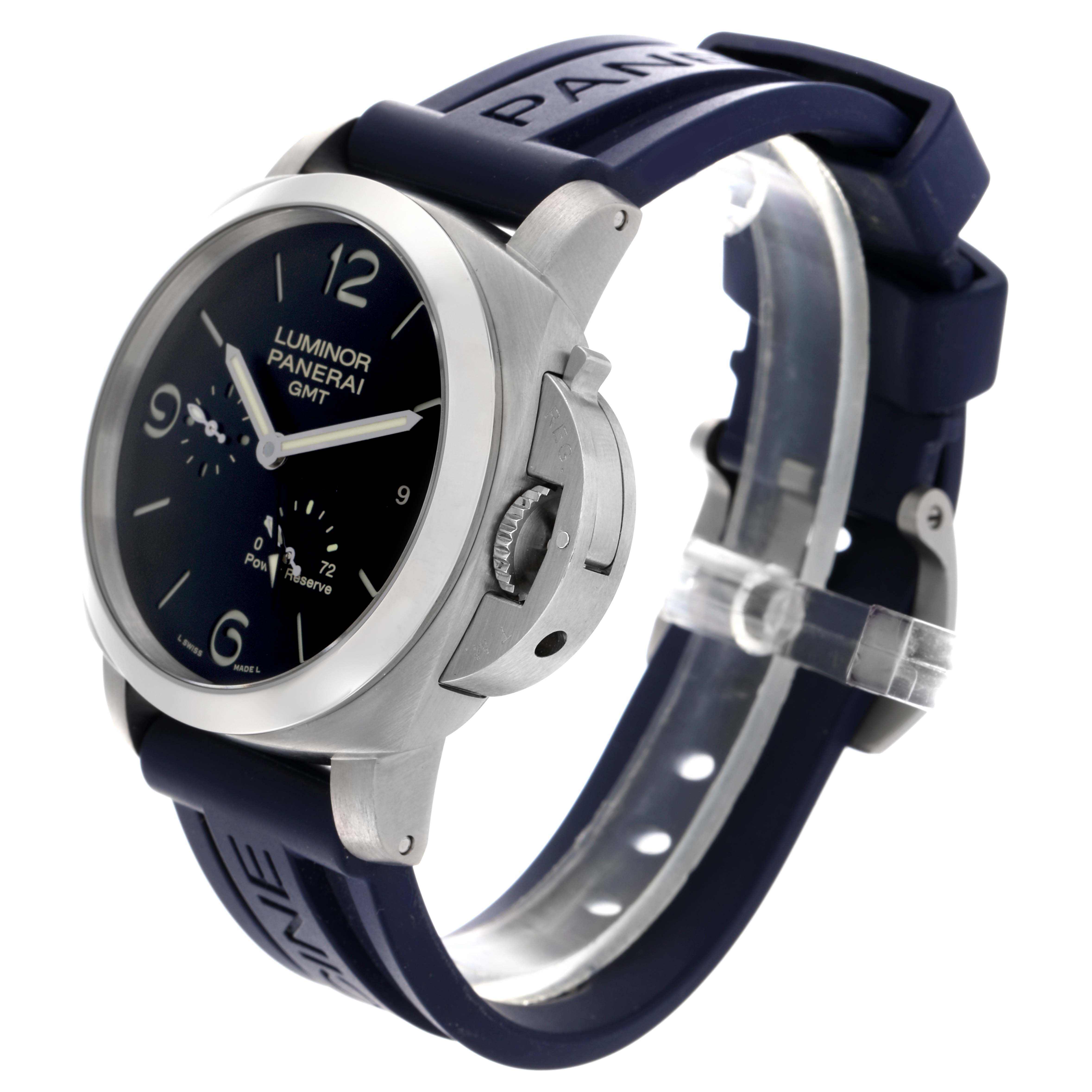 The Panerai Luminor PAM00321 Men's Stainless Steel Black Dial PAM00321 Men's Stainless Steel Black Dial watch is shown at a three-quarter angle, highlighting the dial, crown guard, and rubber strap.