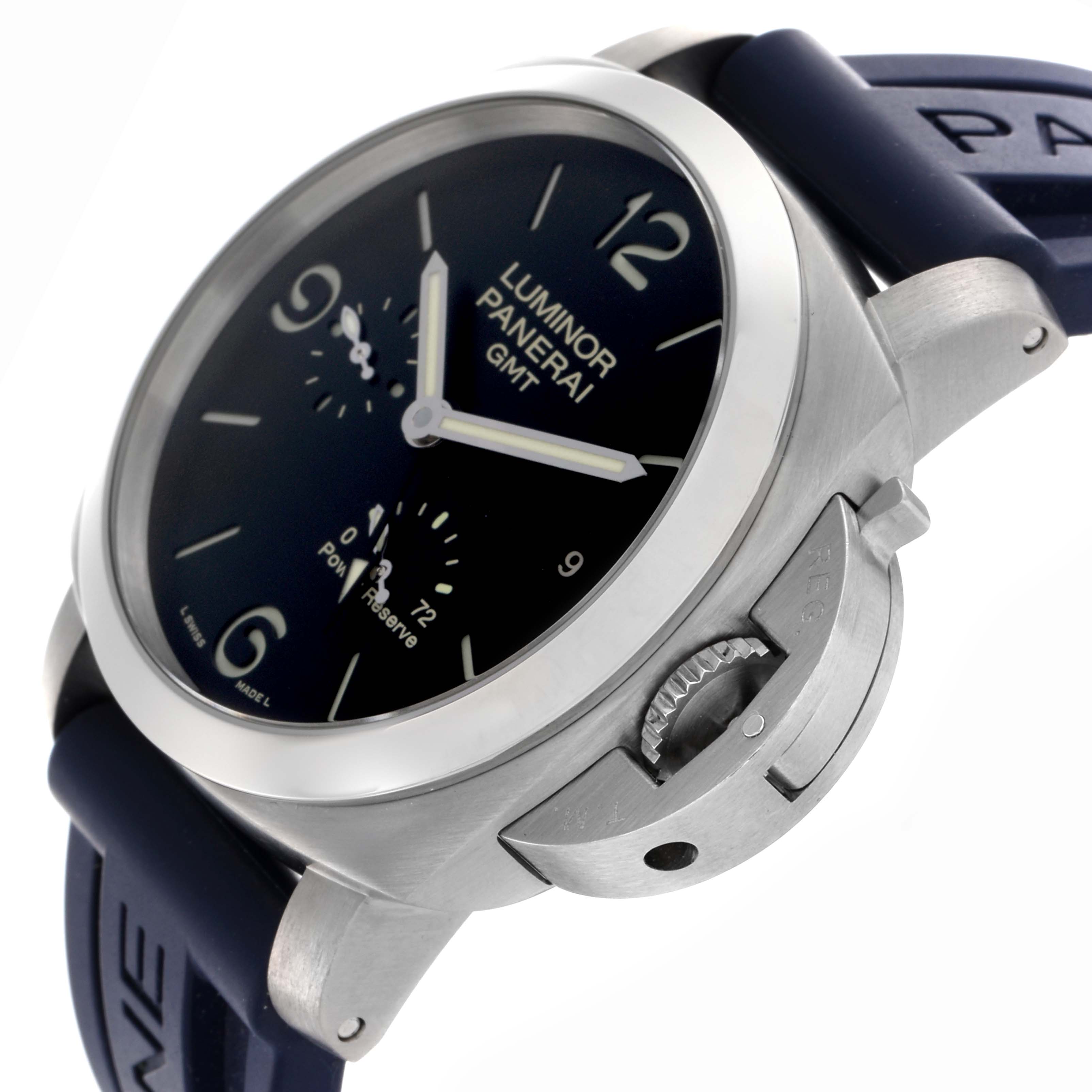 The Panerai Luminor PAM00321 Men's Stainless Steel Black Dial PAM00321 Men's Stainless Steel Black Dial model is shown at a slight angle, highlighting the dial, crown guard, and strap attachment.