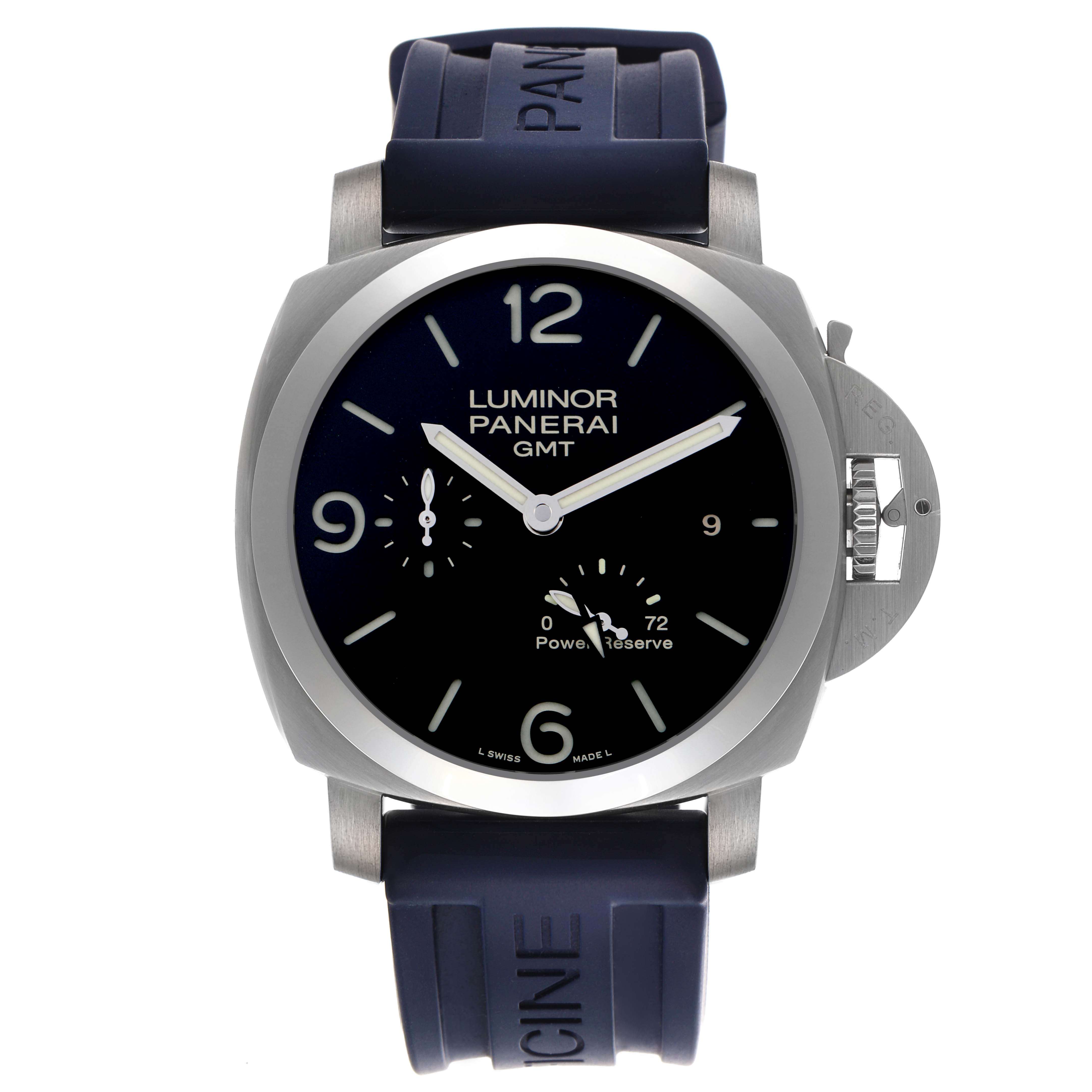 The Panerai Luminor PAM00321 Men's Stainless Steel Black Dial PAM00321 Men's Stainless Steel Black Dial watch is shown from the front, highlighting its dial, case, crown guard, and rubber strap.