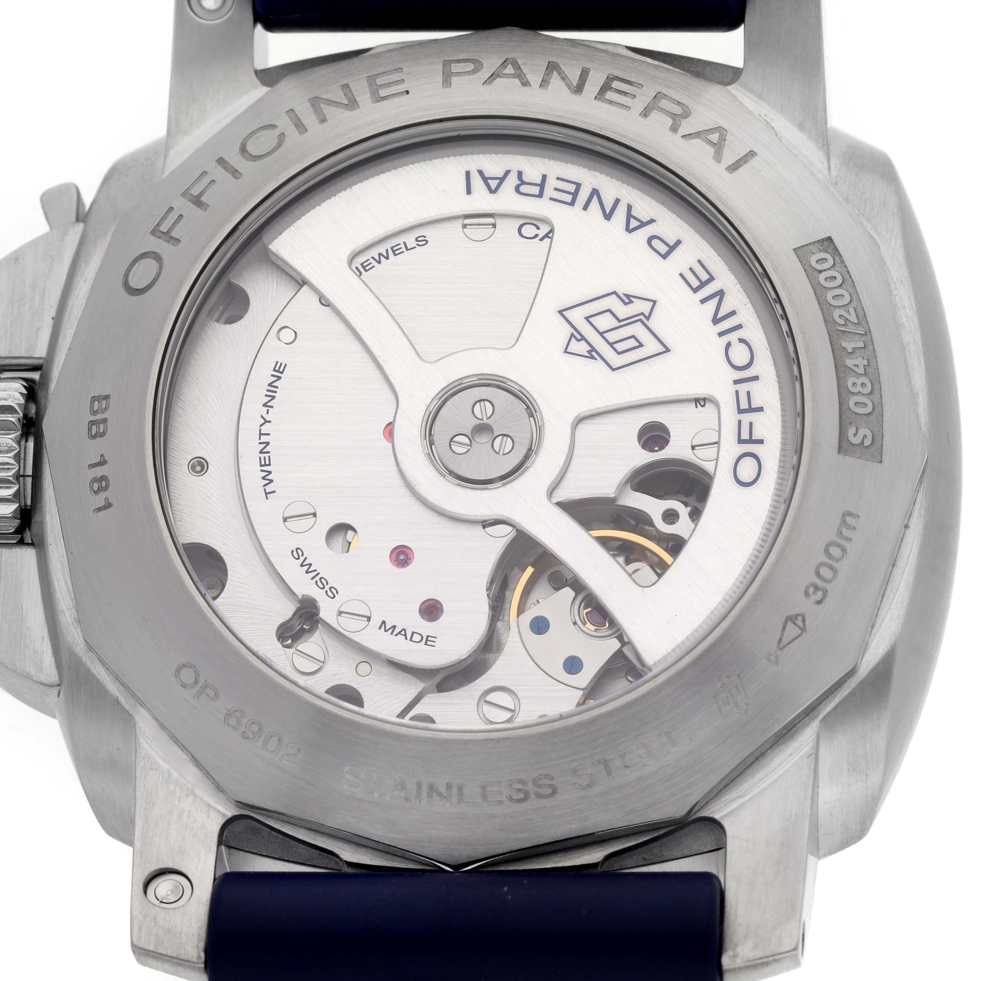 The image shows the back of a Panerai Luminor PAM00321 Men's Stainless Steel Black Dial PAM00321 Men's Stainless Steel Black Dial watch, highlighting the movement and engravings on the case back.