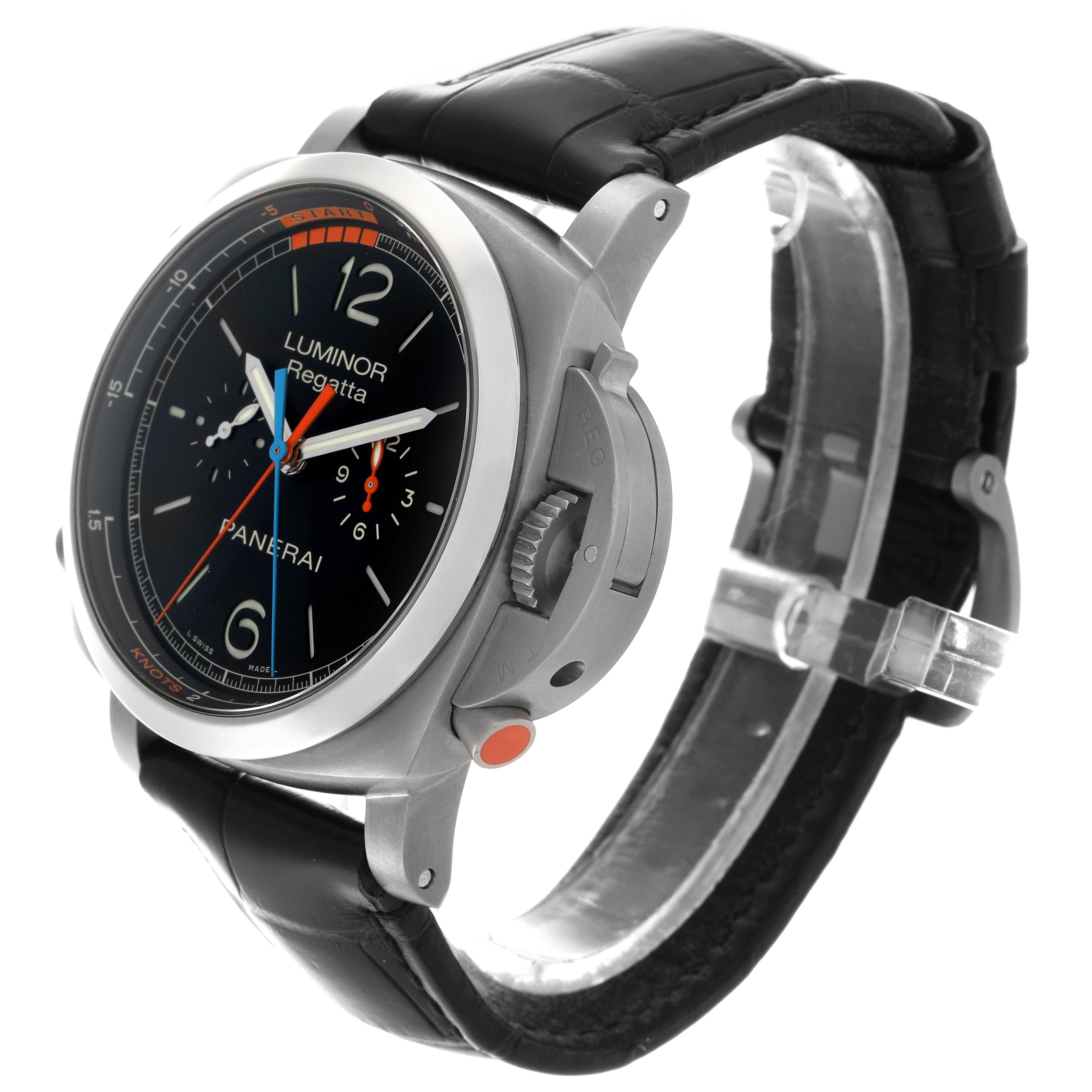 The Panerai Luminor PAM00526 Men's Titanium Black Dial PAM00526 Men's Titanium Black Dial watch is shown from a three-quarter angle, highlighting its dial, crown guard, and leather strap.