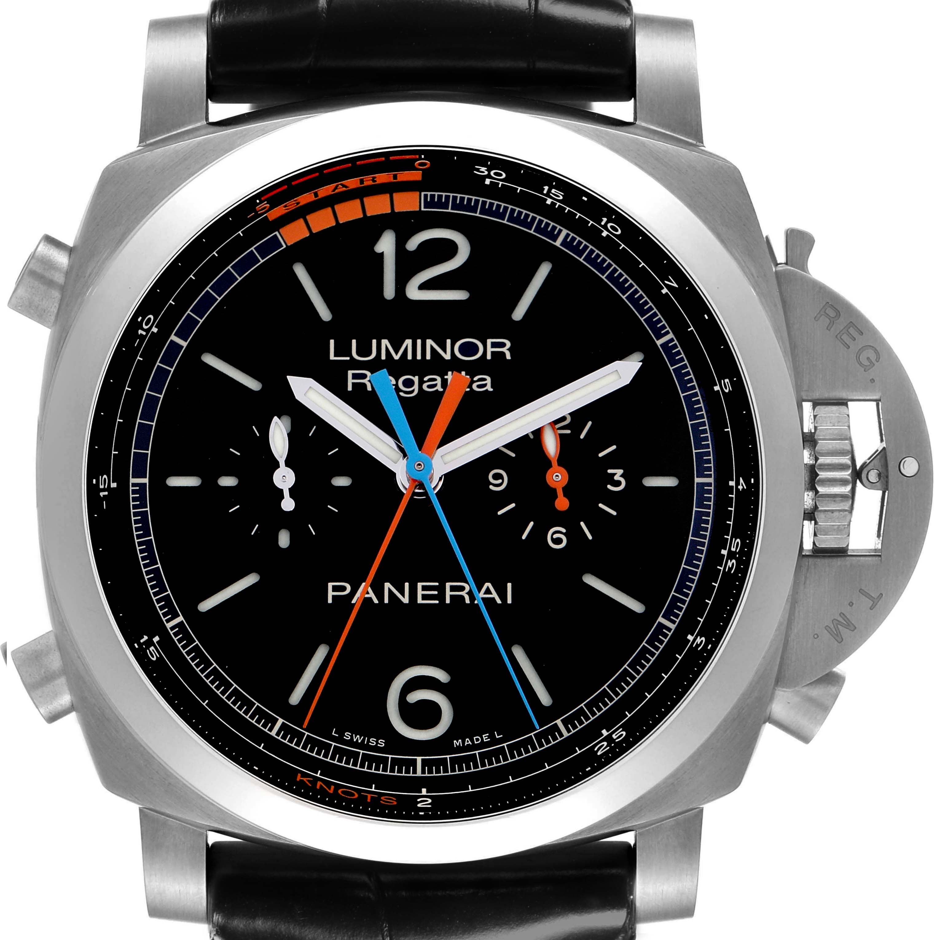 The Panerai Luminor PAM00526 Men's Titanium Black Dial PAM00526 Men's Titanium Black Dial watch is shown from the front, displaying its face, dial, crown guard, and strap attachment points.