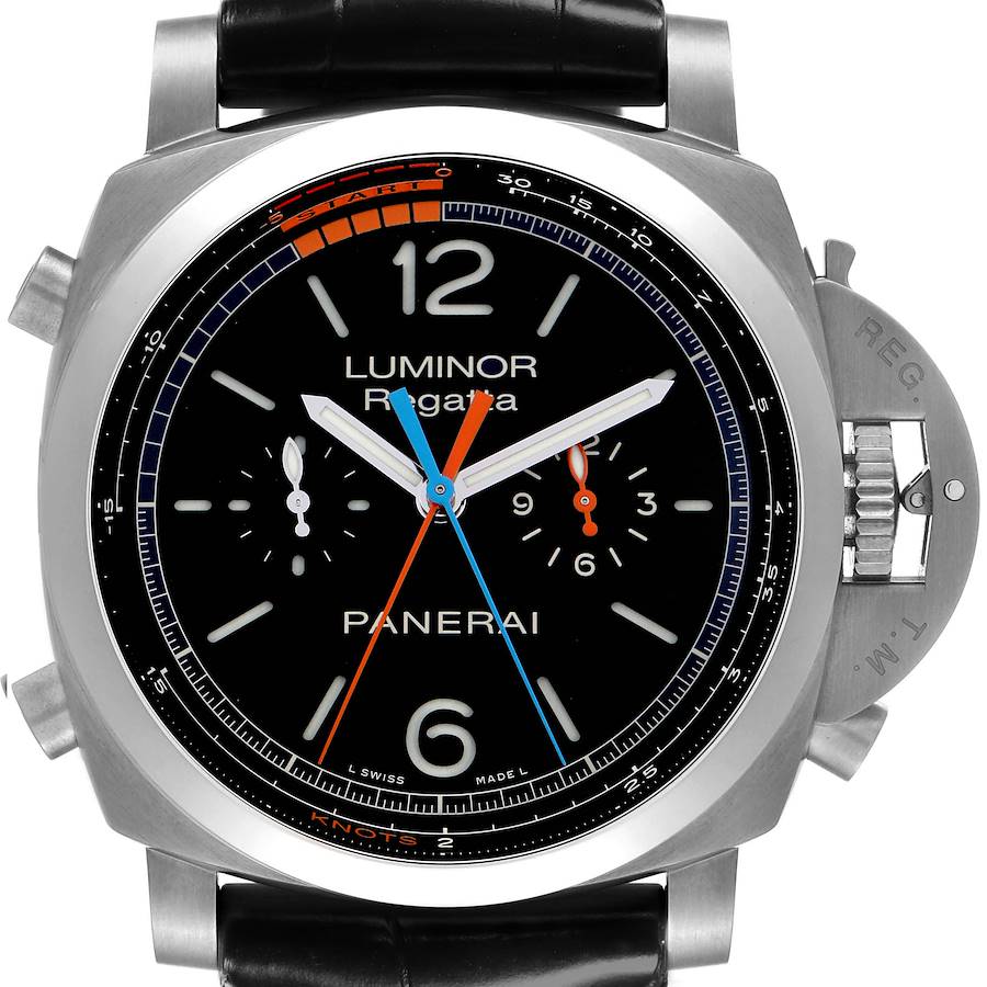 The Panerai Luminor watch is shown from the front, displaying its face, dial, crown guard, and strap attachment points.