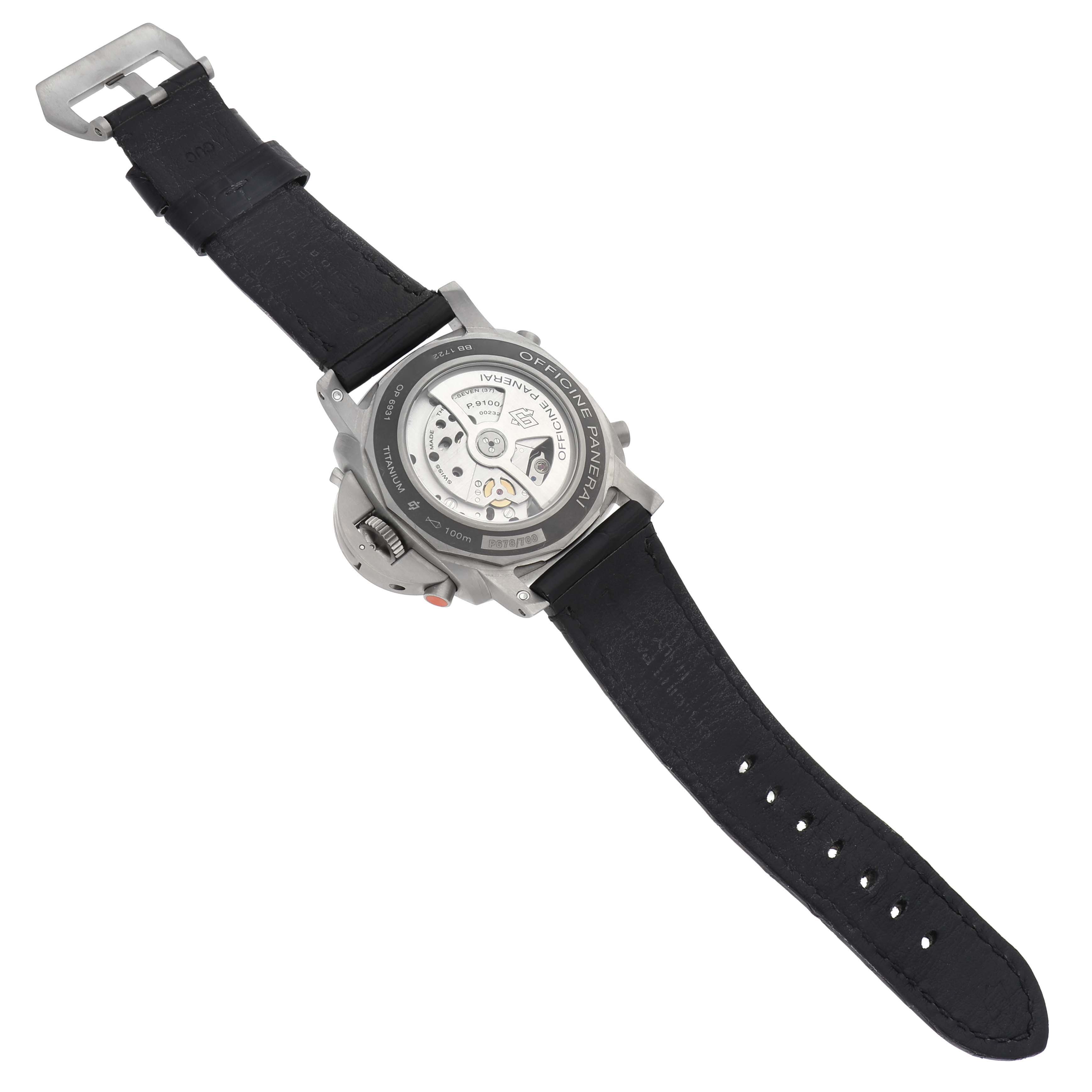 The image shows the back view of a Panerai Luminor PAM00526 Men's Titanium Black Dial PAM00526 Men's Titanium Black Dial watch, highlighting the movement and the leather strap.