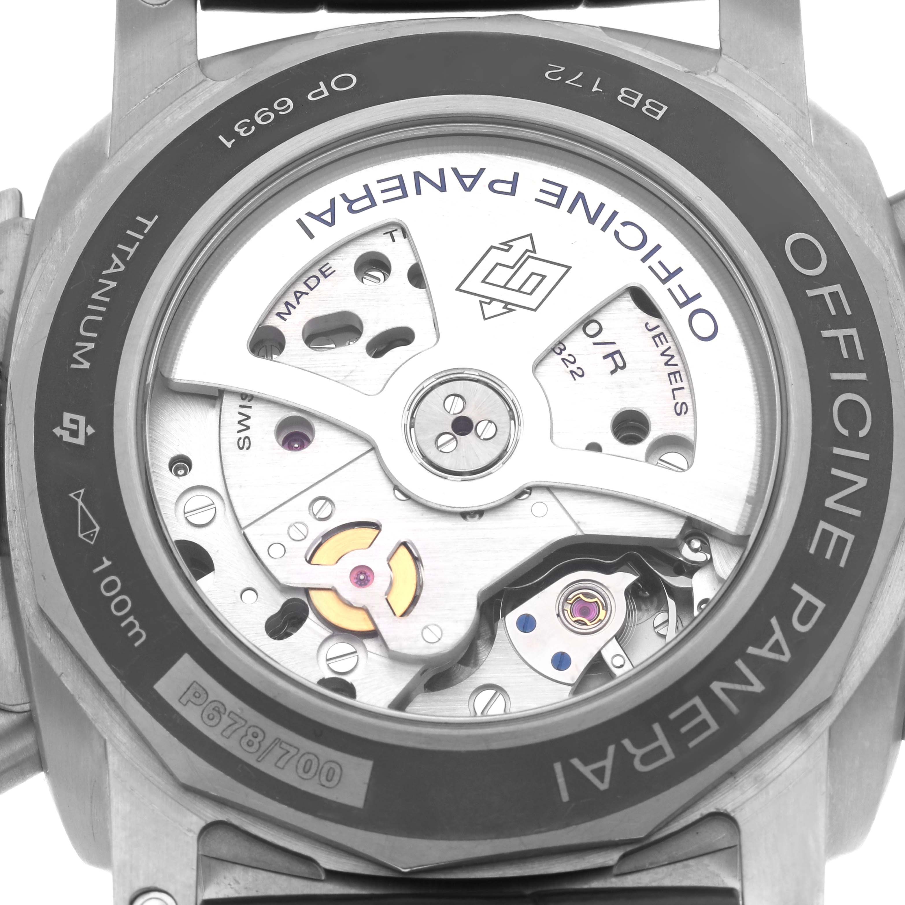 The image shows the back of a Panerai Luminor PAM00526 Men's Titanium Black Dial PAM00526 Men's Titanium Black Dial watch, highlighting the exposed movement and details like "Officine Panerai."