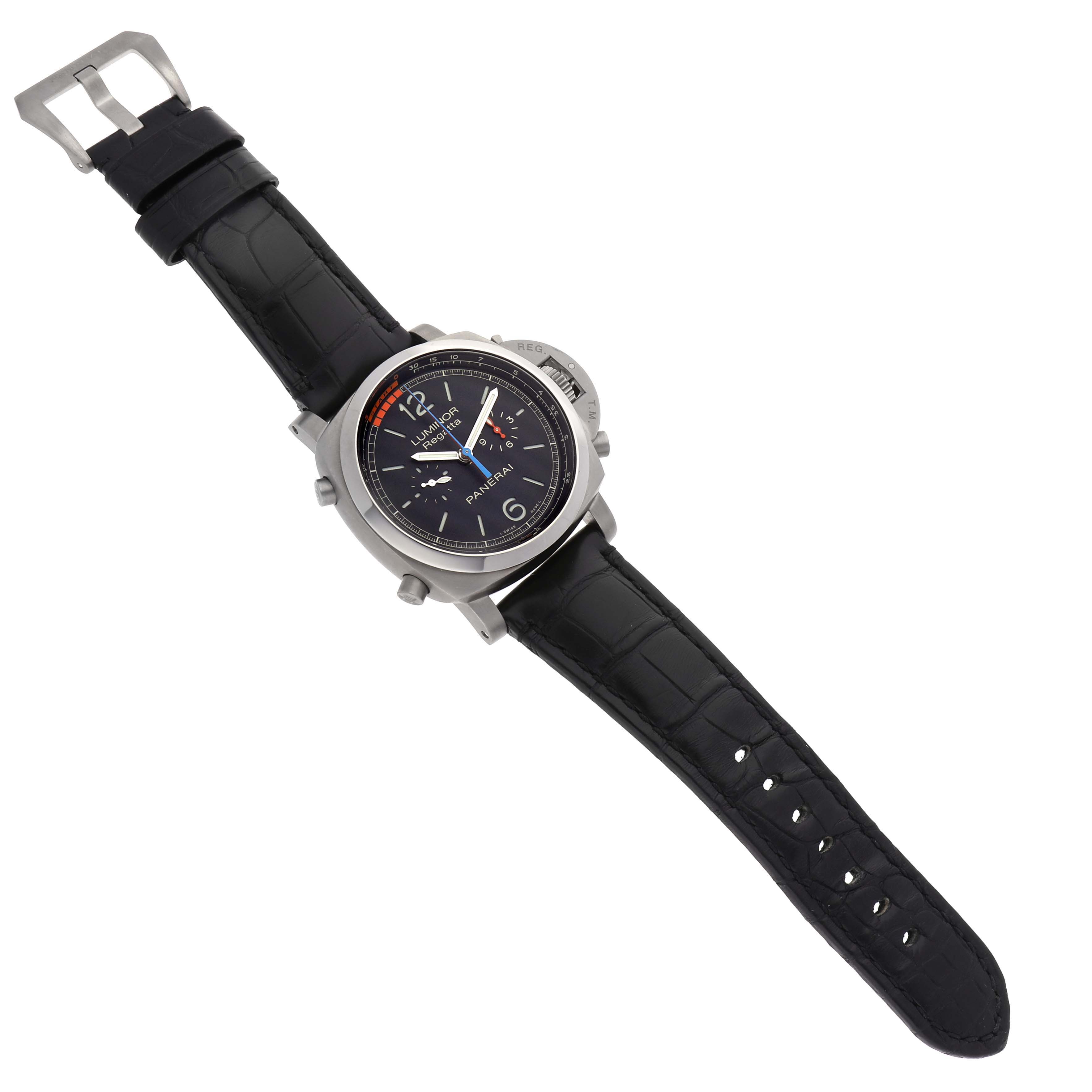 The Panerai Luminor PAM00526 Men's Titanium Black Dial PAM00526 Men's Titanium Black Dial watch is shown from a top angle, displaying the face, case, crown guard, and strap.