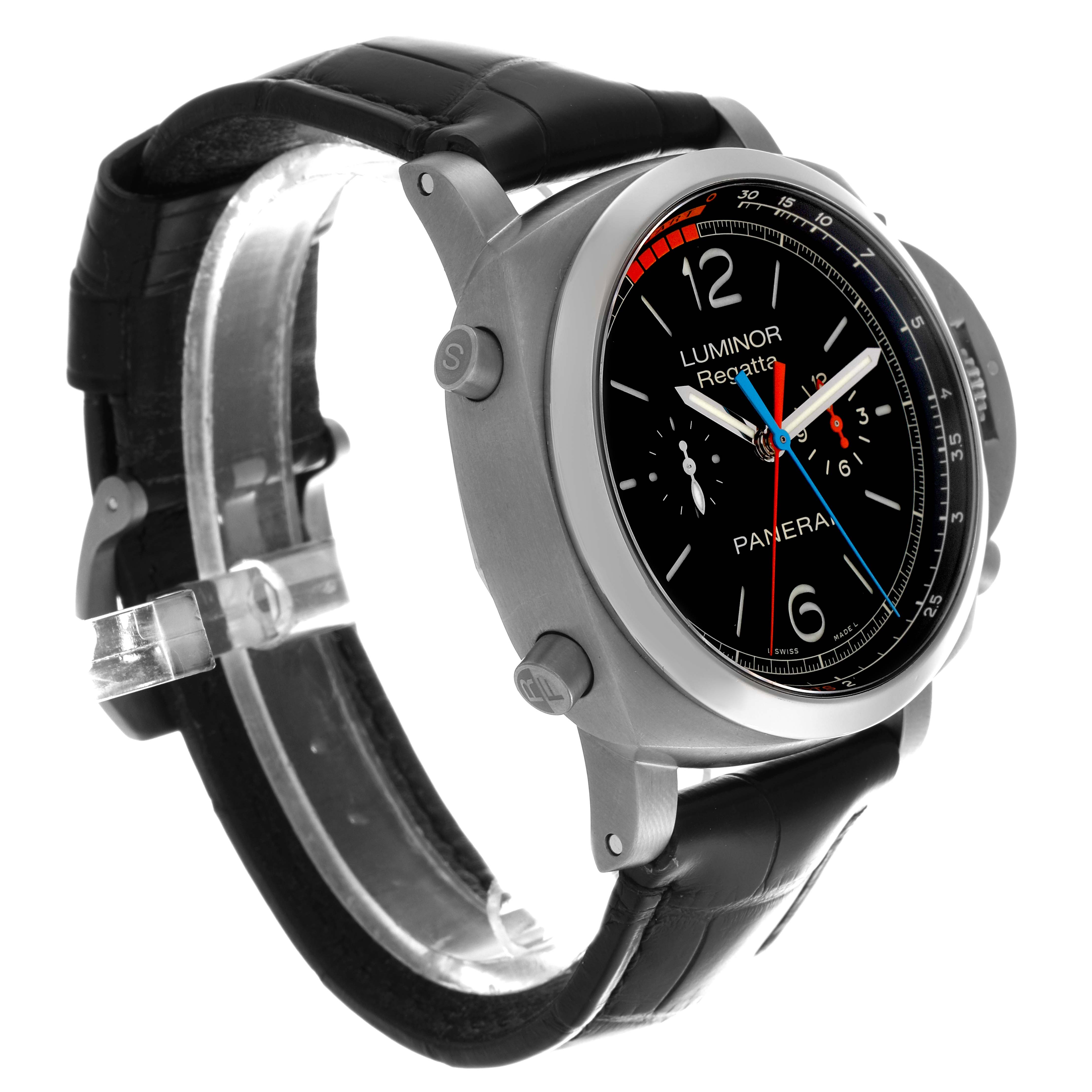 The Panerai Luminor PAM00526 Men's Titanium Black Dial PAM00526 Men's Titanium Black Dial watch is shown from a front-left angle, displaying the face, case, crown, and black leather strap.