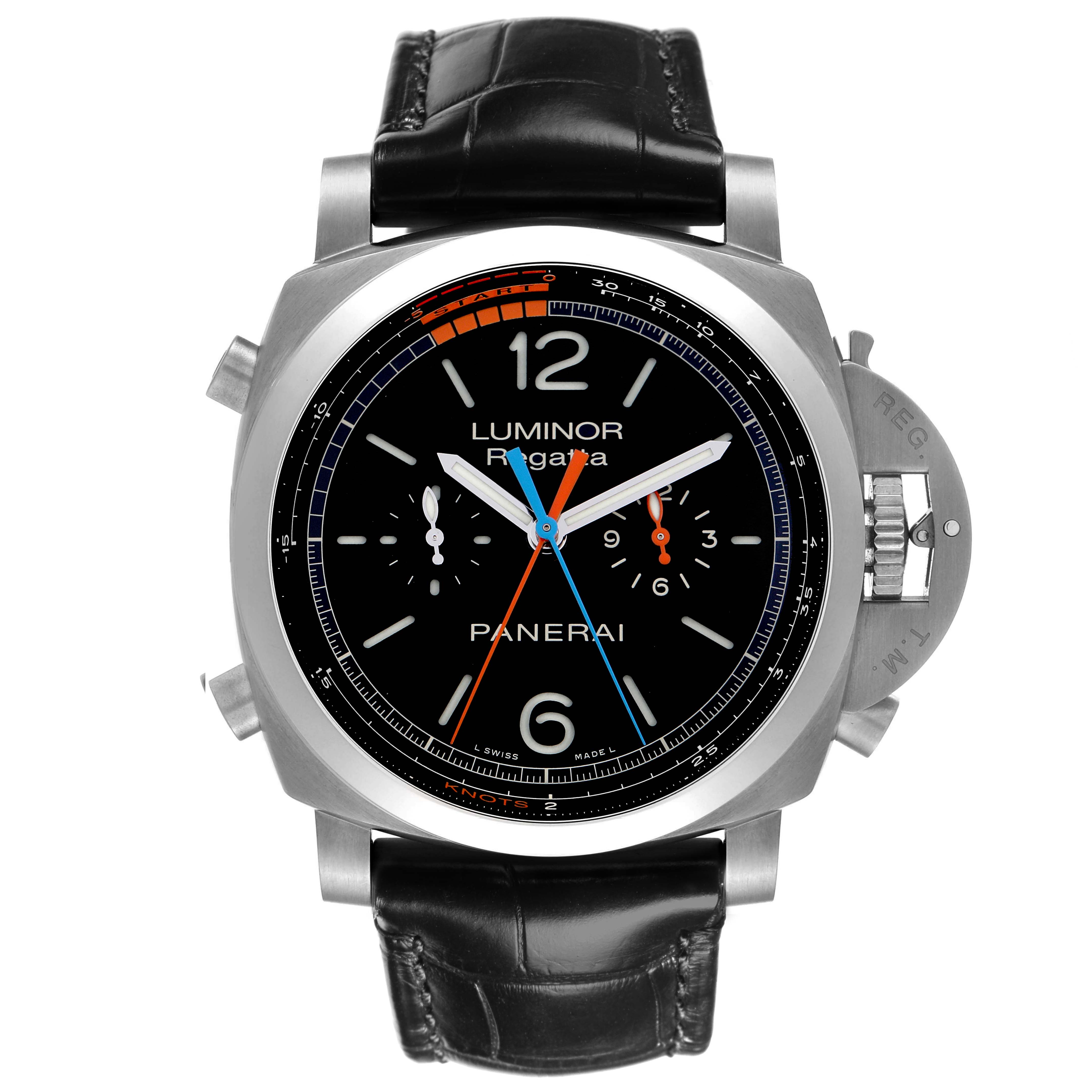 The Panerai Luminor PAM00526 Men's Titanium Black Dial PAM00526 Men's Titanium Black Dial watch is shown from the front, displaying the face, crown guard, subdials, and leather strap.