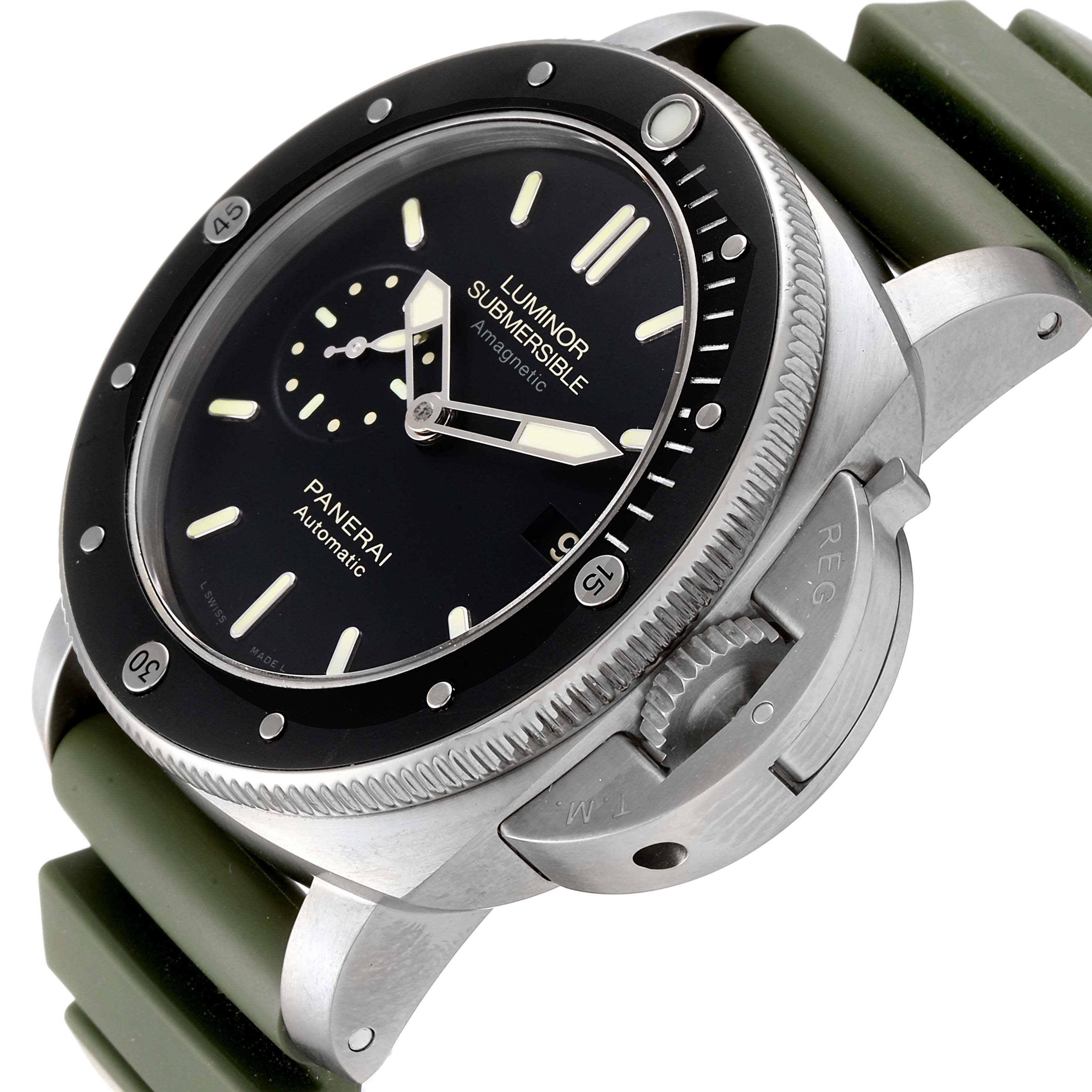 The image shows a Panerai Luminor Submersible watch from a side angle, highlighting its bezel, dial, case, and green strap.