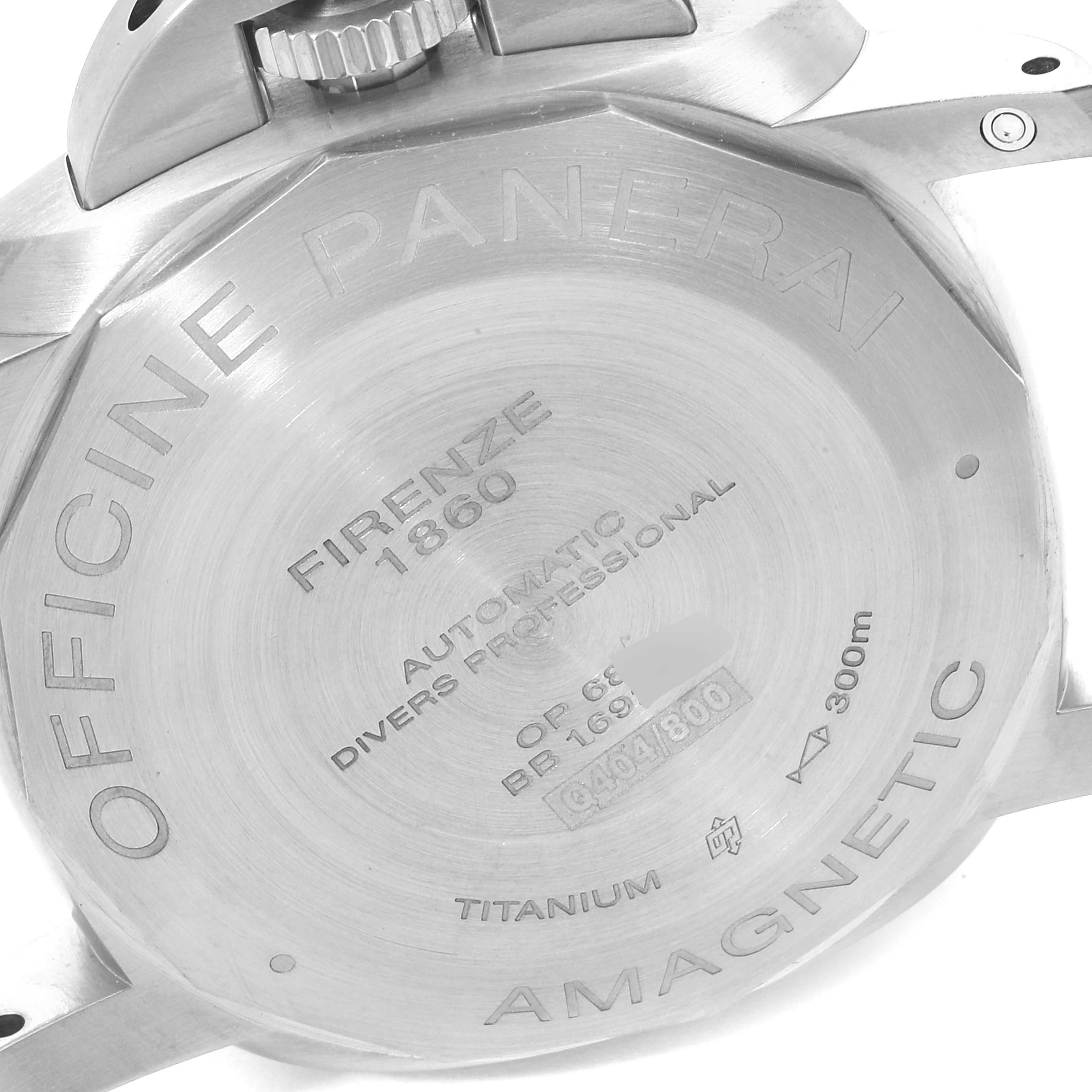 The image shows the back case of a Panerai Submersible PAM00389 Men's Titanium Black Dial PAM00389 Men's Titanium Black Dial watch, highlighting engravings and the crown.