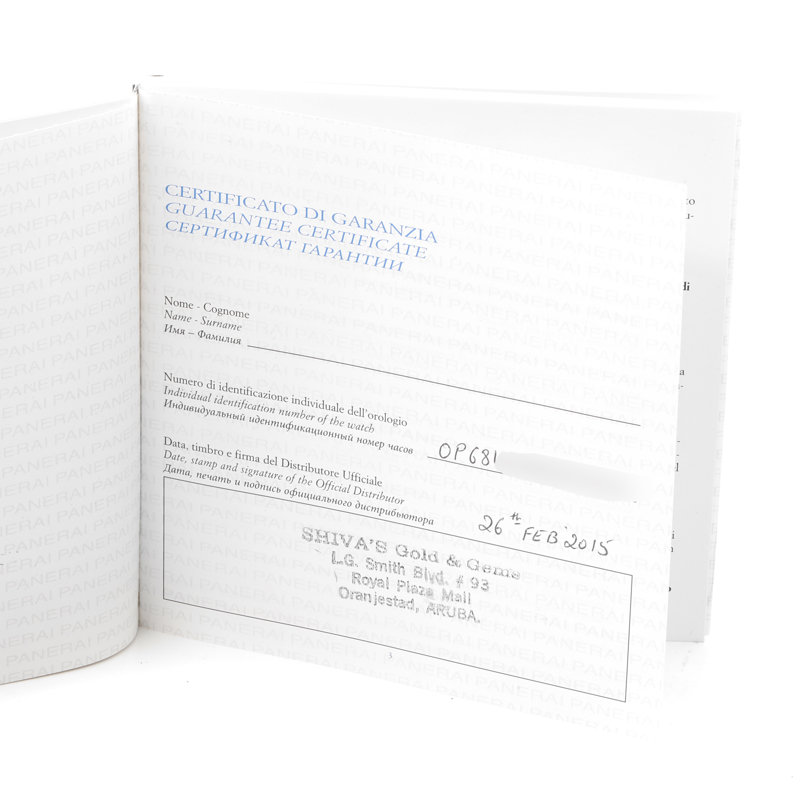 The image shows the warranty certificate booklets for the Panerai Submersible PAM00389 Men's Titanium Black Dial PAM00389 Men's Titanium Black Dial watch, opened to reveal details.