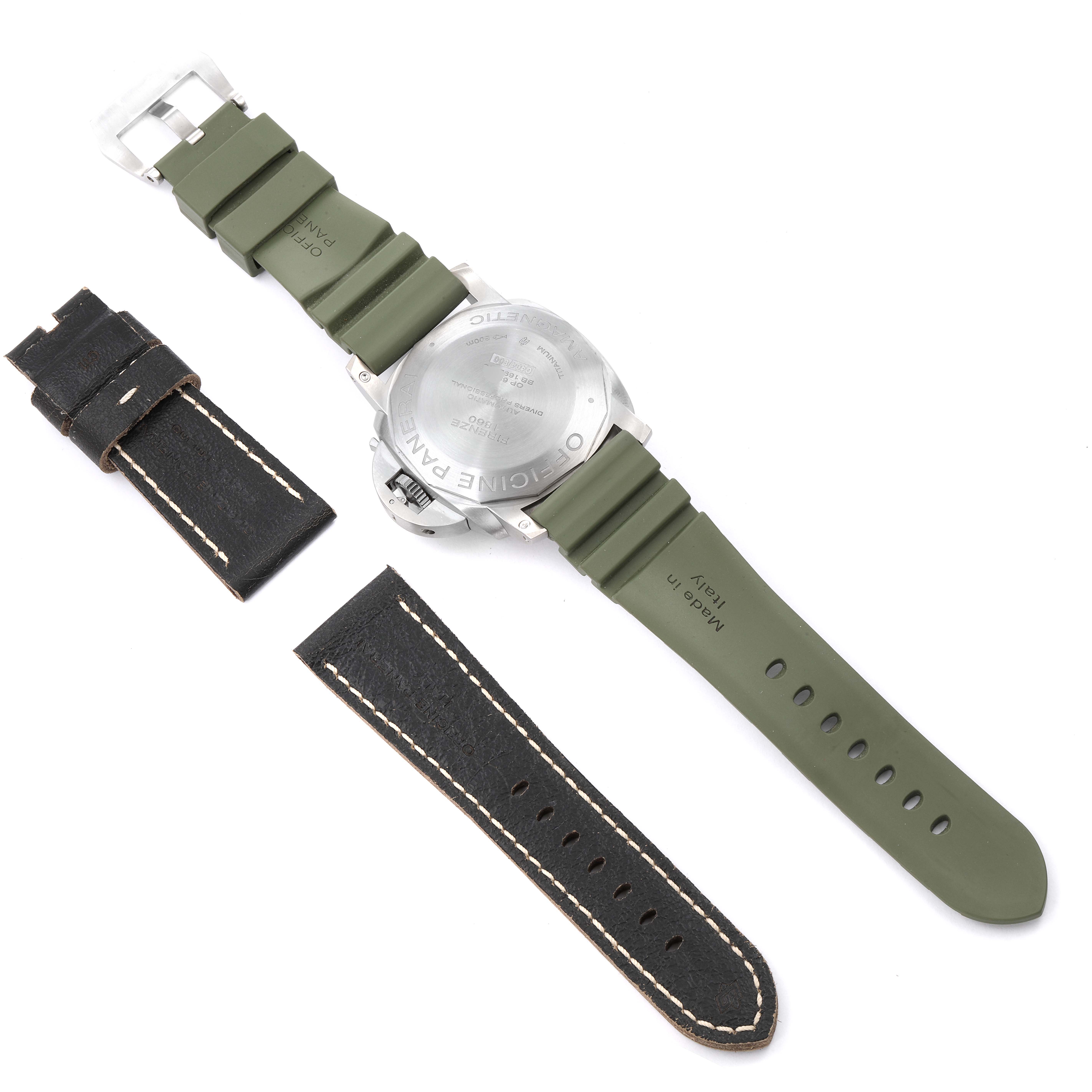 The image shows the back of a Panerai Submersible PAM00389 Men's Titanium Black Dial PAM00389 Men's Titanium Black Dial watch with green rubber straps and additional black leather straps.