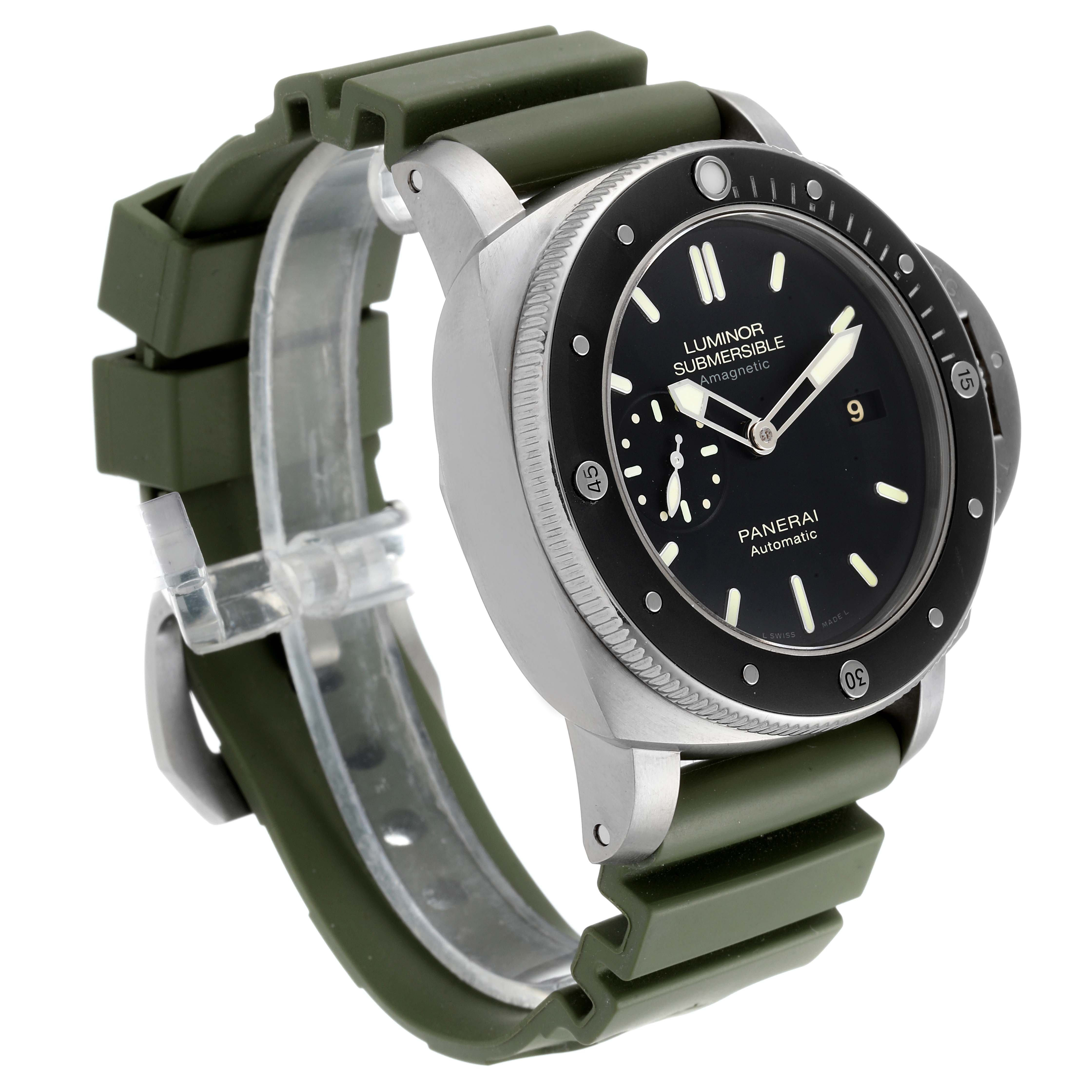 The image shows a Panerai Luminor Submersible watch from a front-left angle, highlighting the dial, bezel, and green rubber strap.
