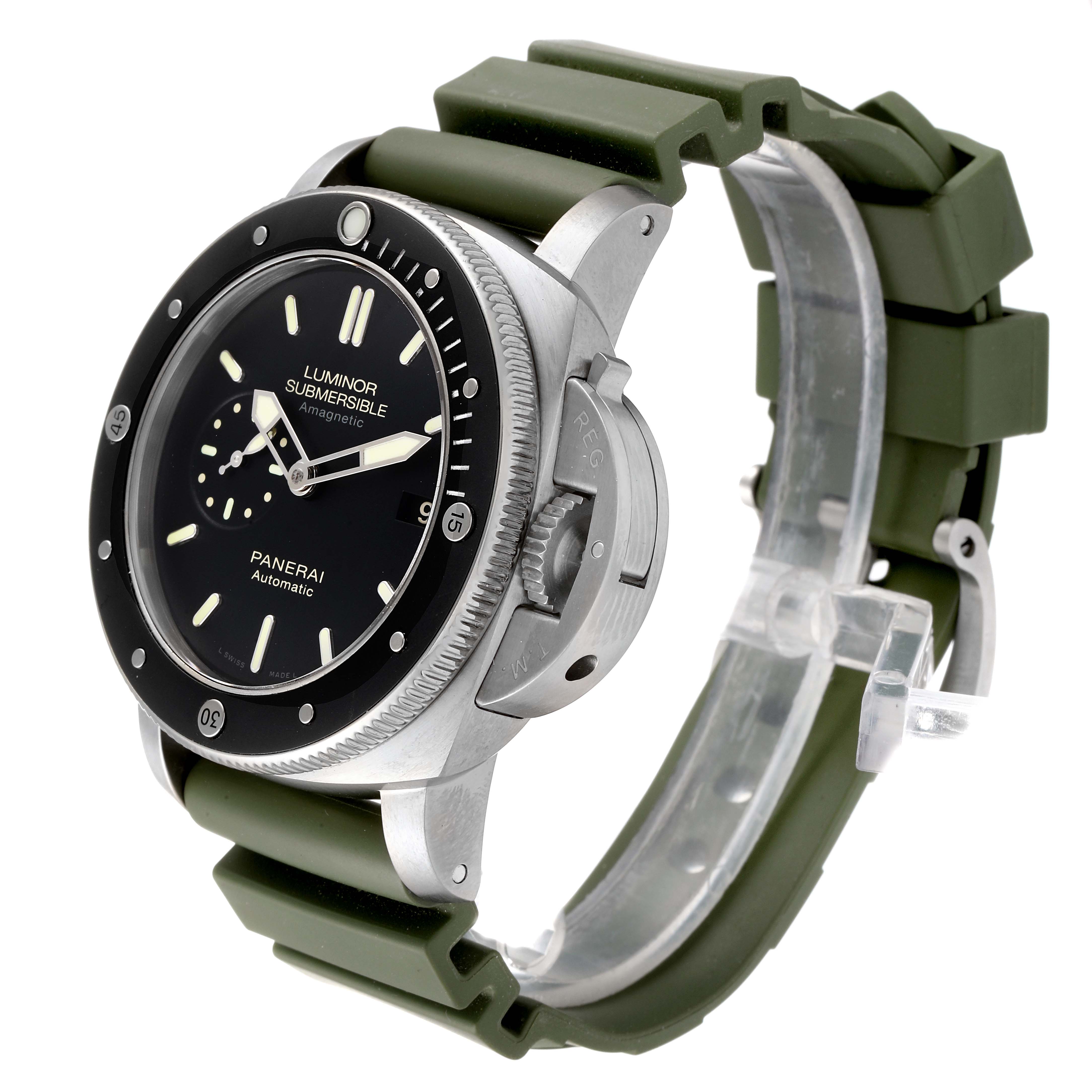 The image shows a Panerai Submersible PAM00389 Men's Titanium Black Dial PAM00389 Men's Titanium Black Dial model watch at a three-quarter angle, highlighting the dial, bezel, crown guard, and olive green strap.