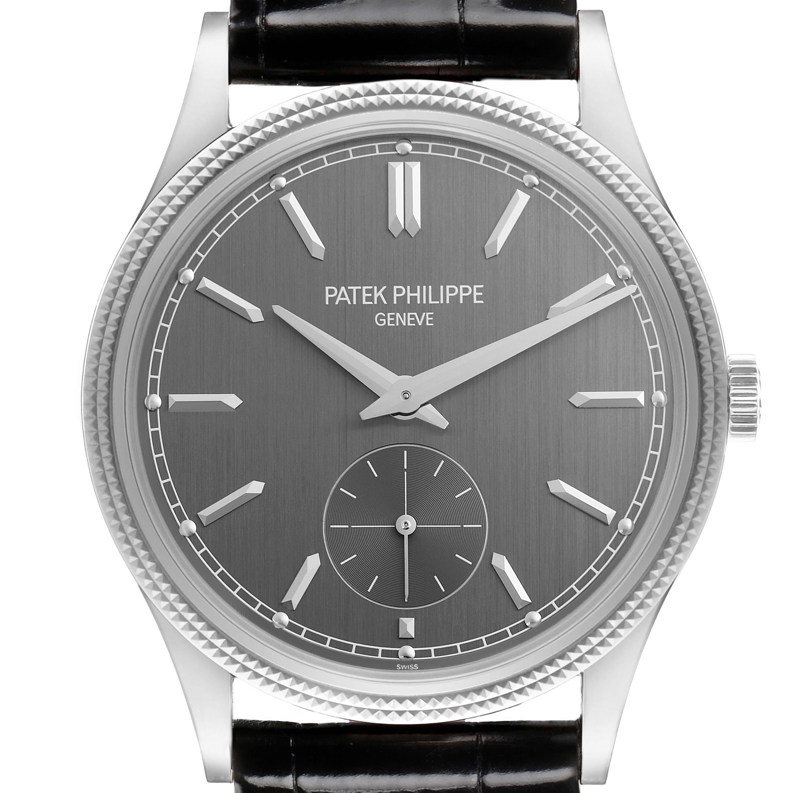 The image shows a Patek Philippe Calatrava 6119G Men's White Gold Grey Dial 6119G Men's White Gold Grey Dial watch face straight-on, displaying its dial, hands, bezel, and part of the strap.