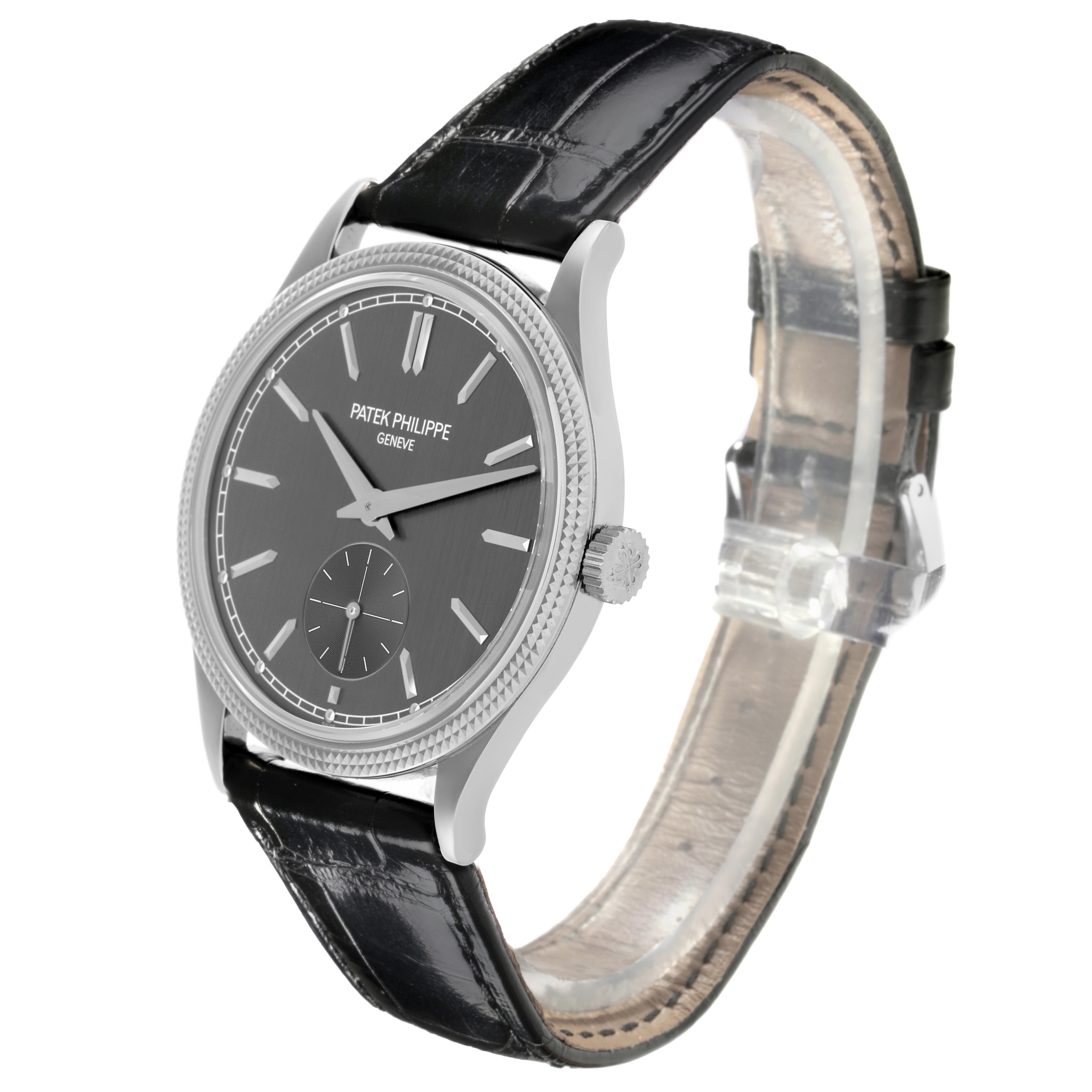 The Patek Philippe Calatrava 6119G Men's White Gold Grey Dial 6119G Men's White Gold Grey Dial watch is shown at a three-quarter angle, displaying the face, case, crown, and leather strap.