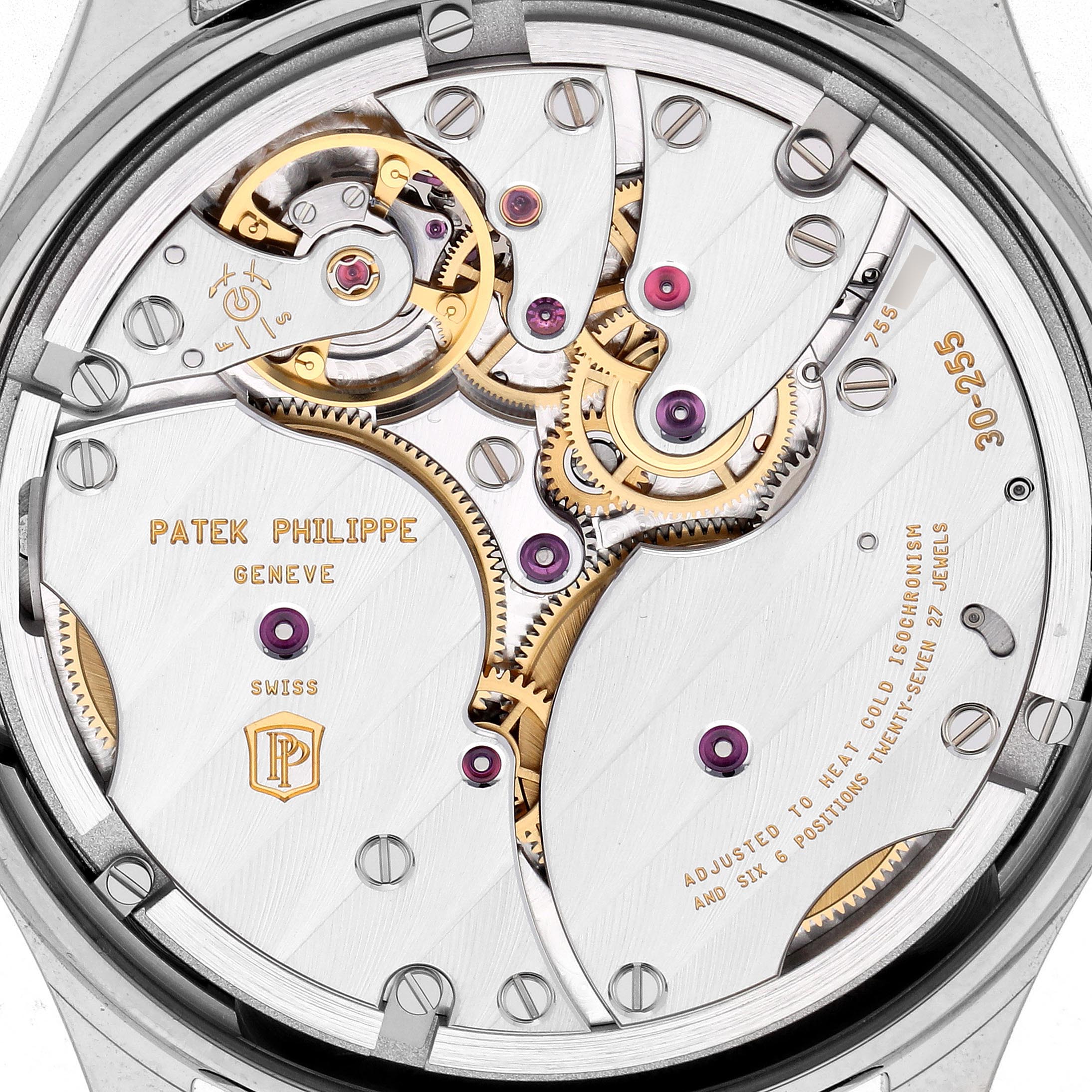 The image shows the movement of a Patek Philippe Calatrava 6119G Men's White Gold Grey Dial 6119G Men's White Gold Grey Dial watch from a top-down angle, highlighting the intricate gears and components.