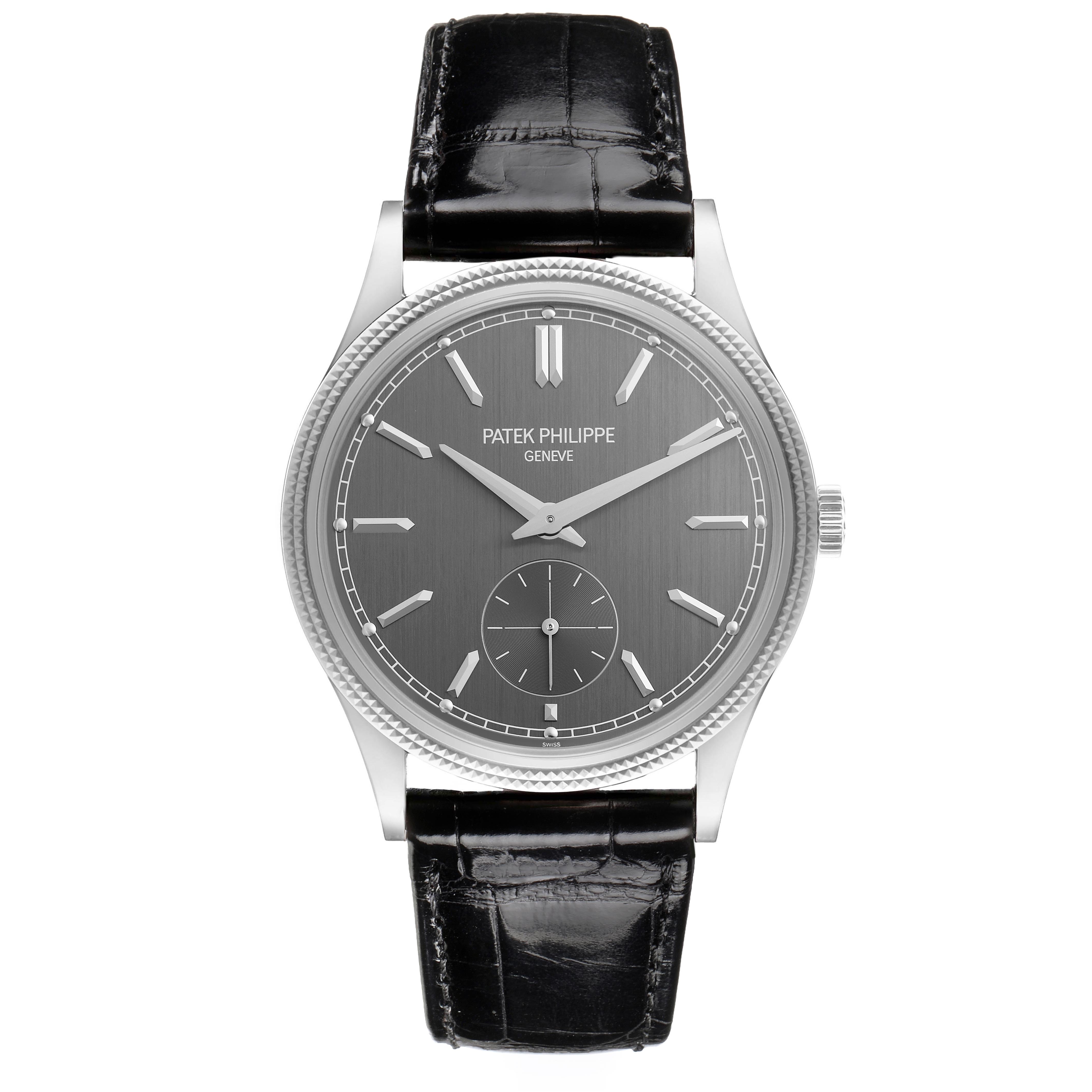 The Patek Philippe Calatrava 6119G Men's White Gold Grey Dial 6119G Men's White Gold Grey Dial watch is shown from a front angle, displaying the dial, hands, and leather strap.