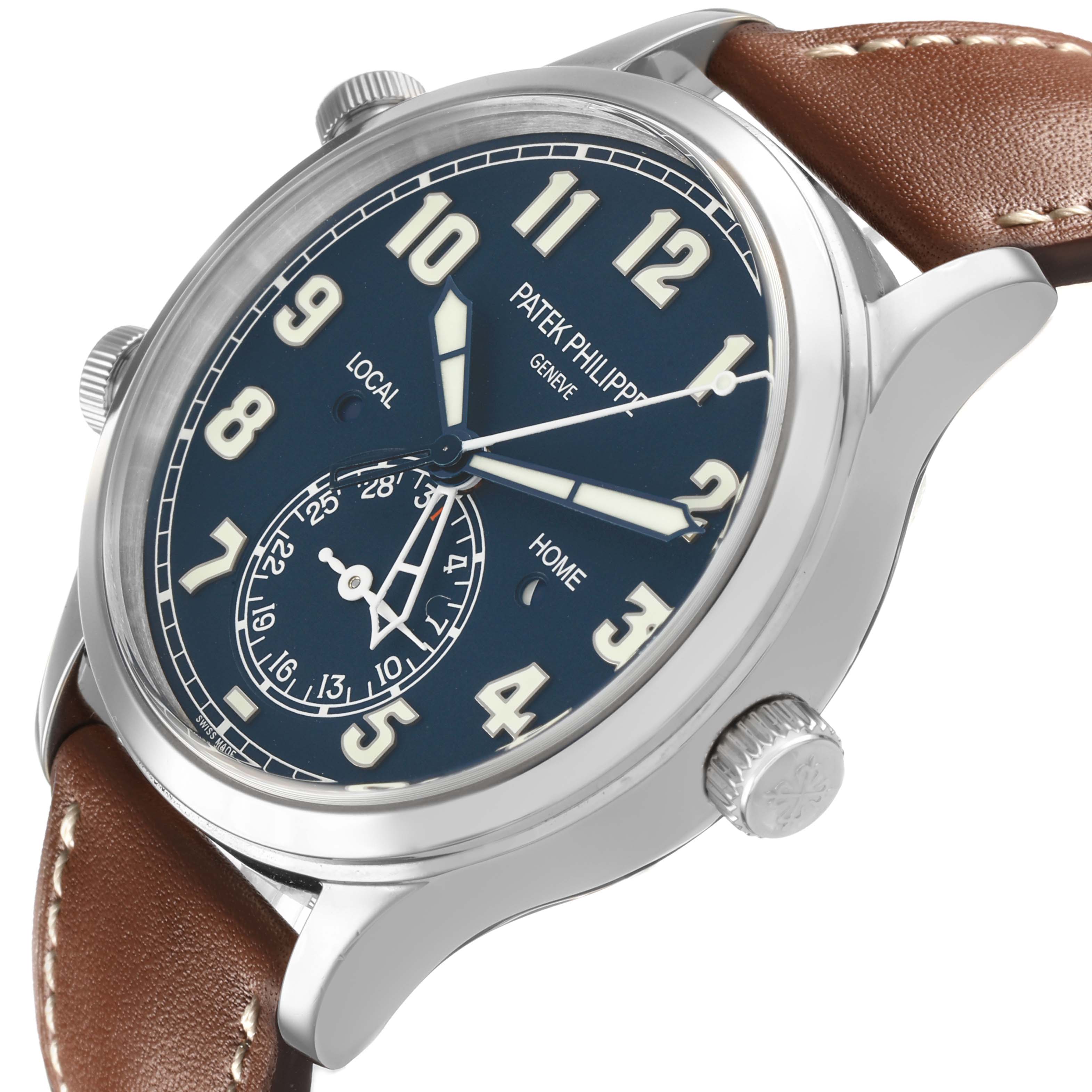 The Patek Philippe Calatrava 5524G-001 Men's White Gold Black Dial watch is shown from a side angle, highlighting the dial, case, and brown leather strap.
