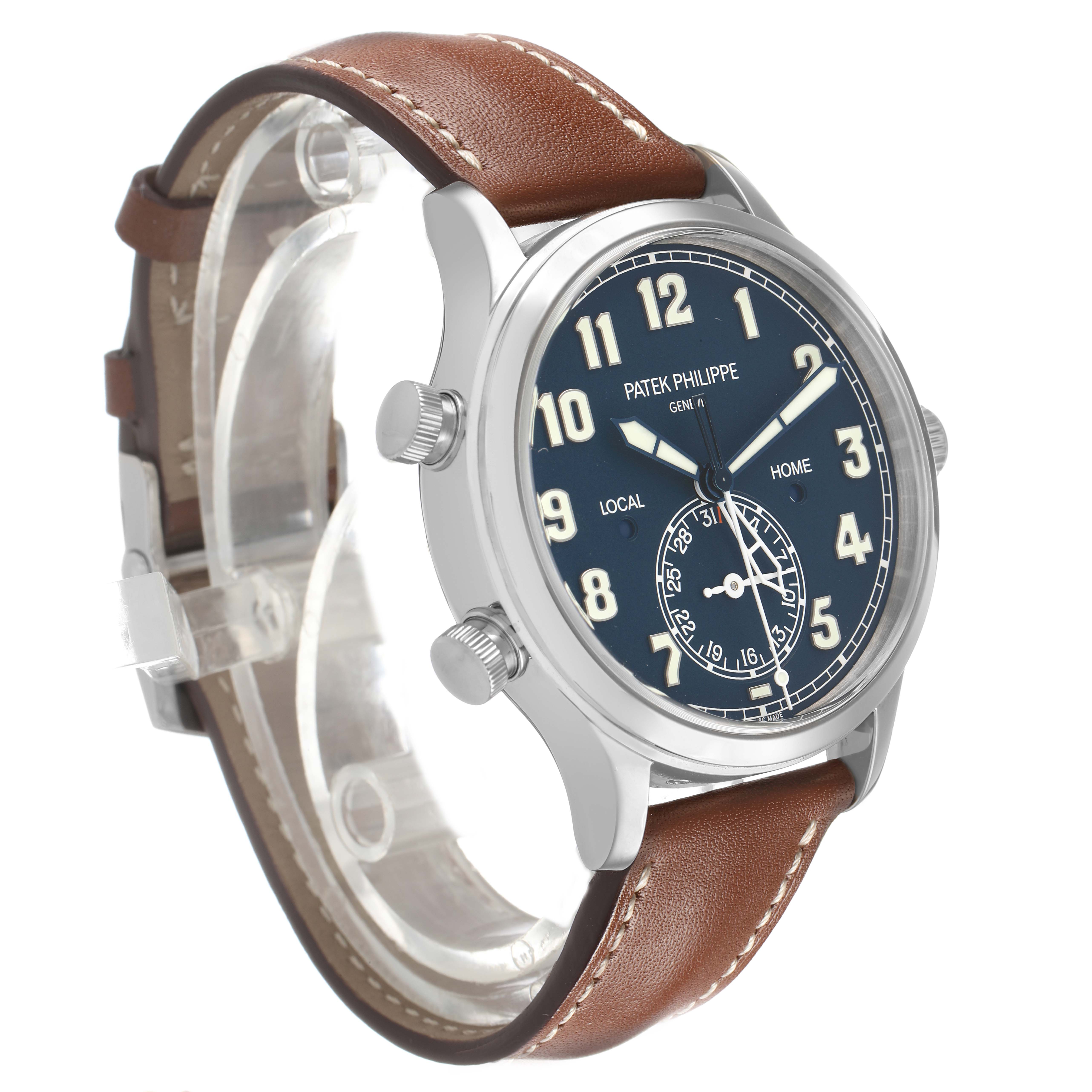 The Patek Philippe Calatrava 5524G-001 Men's White Gold Blue Dial watch is shown at a three-quarter angle, highlighting the face, case, and brown leather strap.