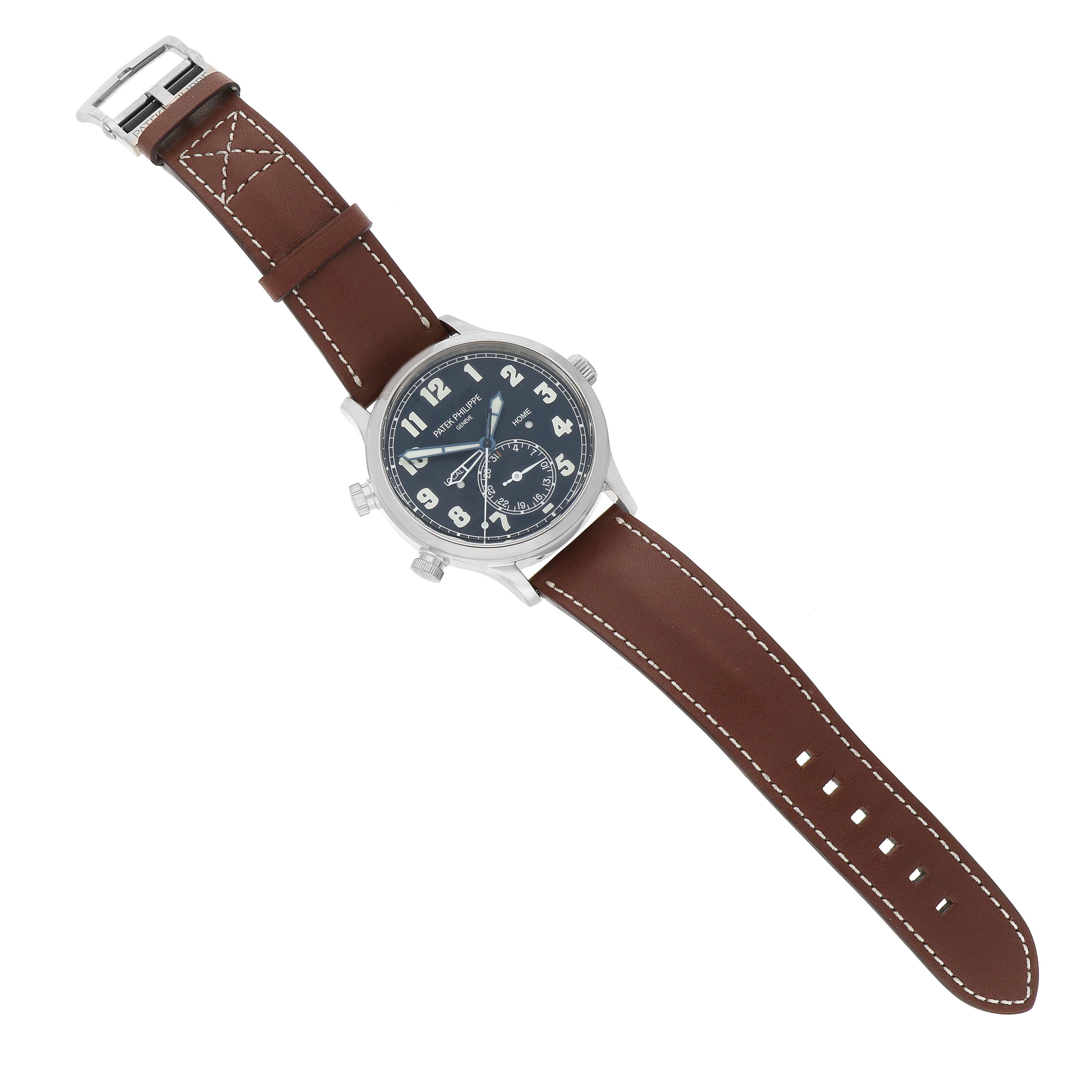 The Patek Philippe Calatrava 5524G-001 Men's White Gold Black Dial watch is shown from a top-down angle, displaying its dial, case, and brown leather strap.