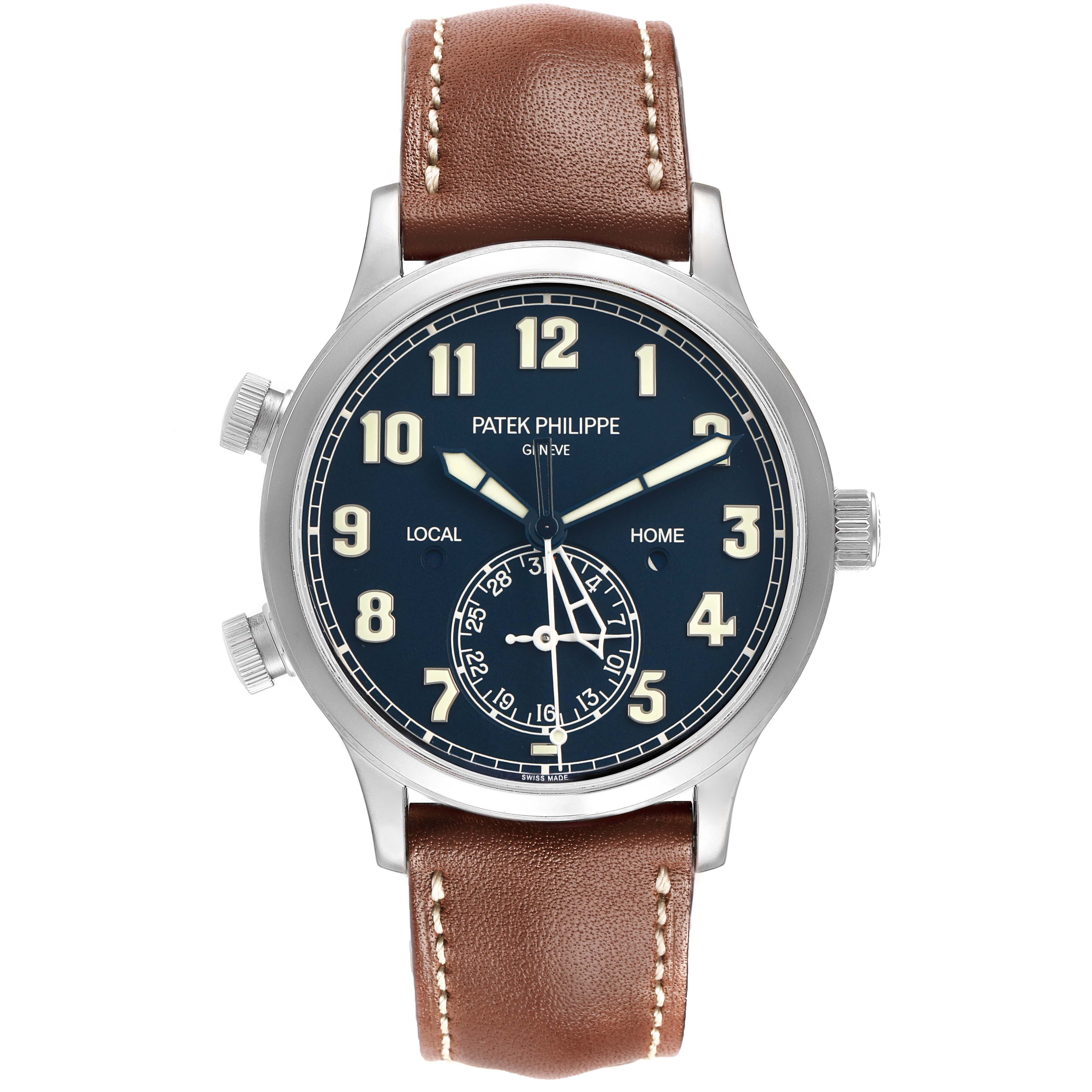 The Patek Philippe Calatrava 5524G-001 Men's White Gold Blue Dial watch is shown from the front, displaying the face, numerals, hands, and brown leather strap.