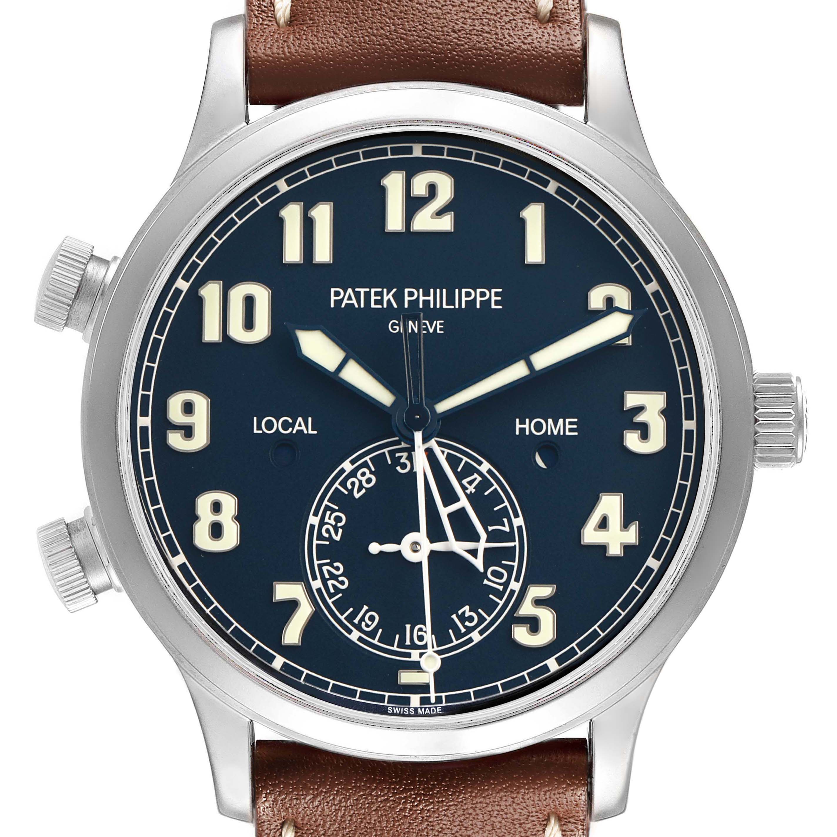 The Patek Philippe Calatrava 5524G-001 Men's White Gold Black Dial watch is shown from the front, highlighting its dial, hands, and brown leather strap.