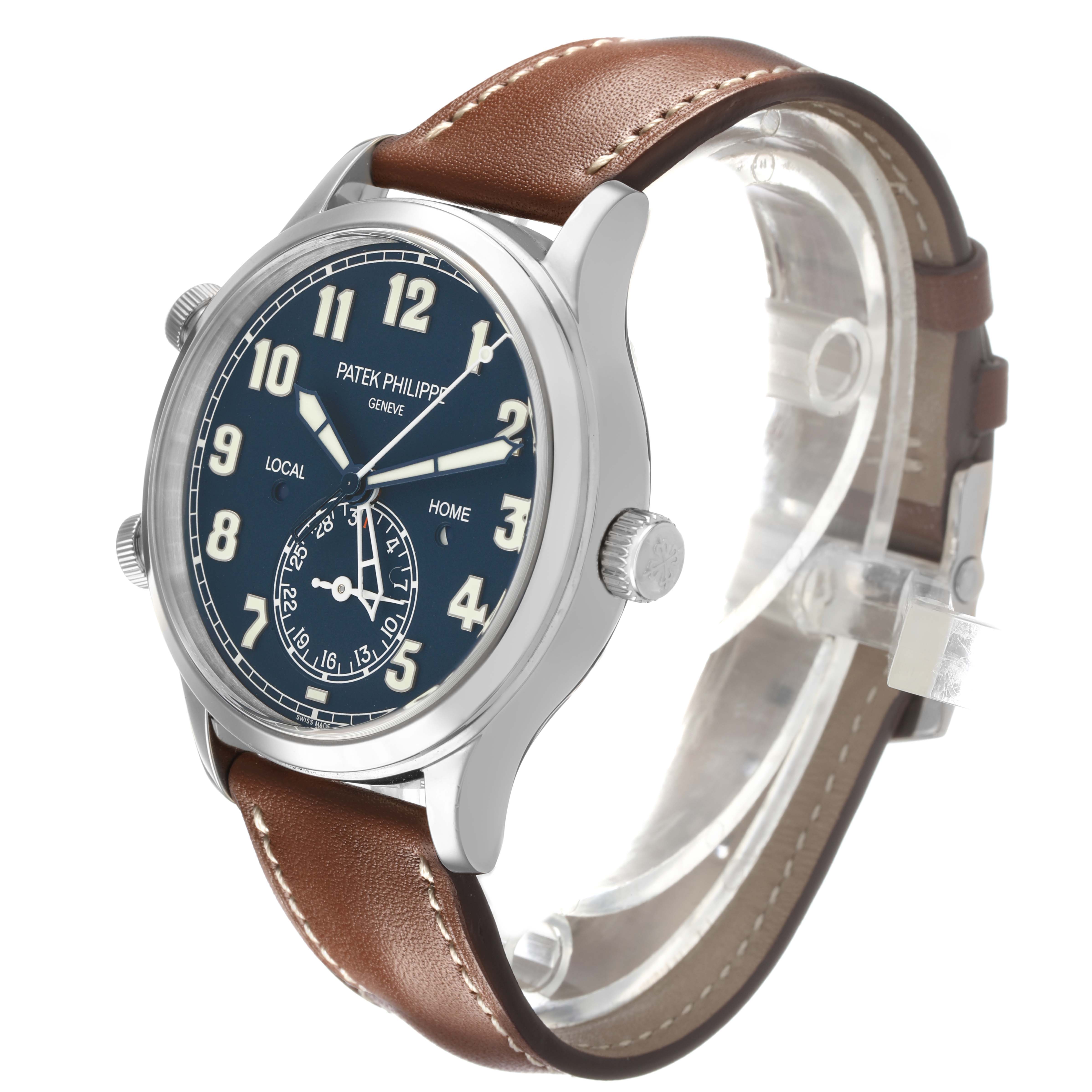 The Patek Philippe Calatrava 5524G-001 Men's White Gold Blue Dial watch is shown at a three-quarter angle, displaying the face, side, and leather strap.