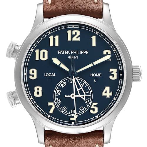 The Patek Philippe Calatrava 5524G-001 Men's White Gold Blue Dial watch is shown from the front, displaying the dial, hands, numerals, and leather strap.