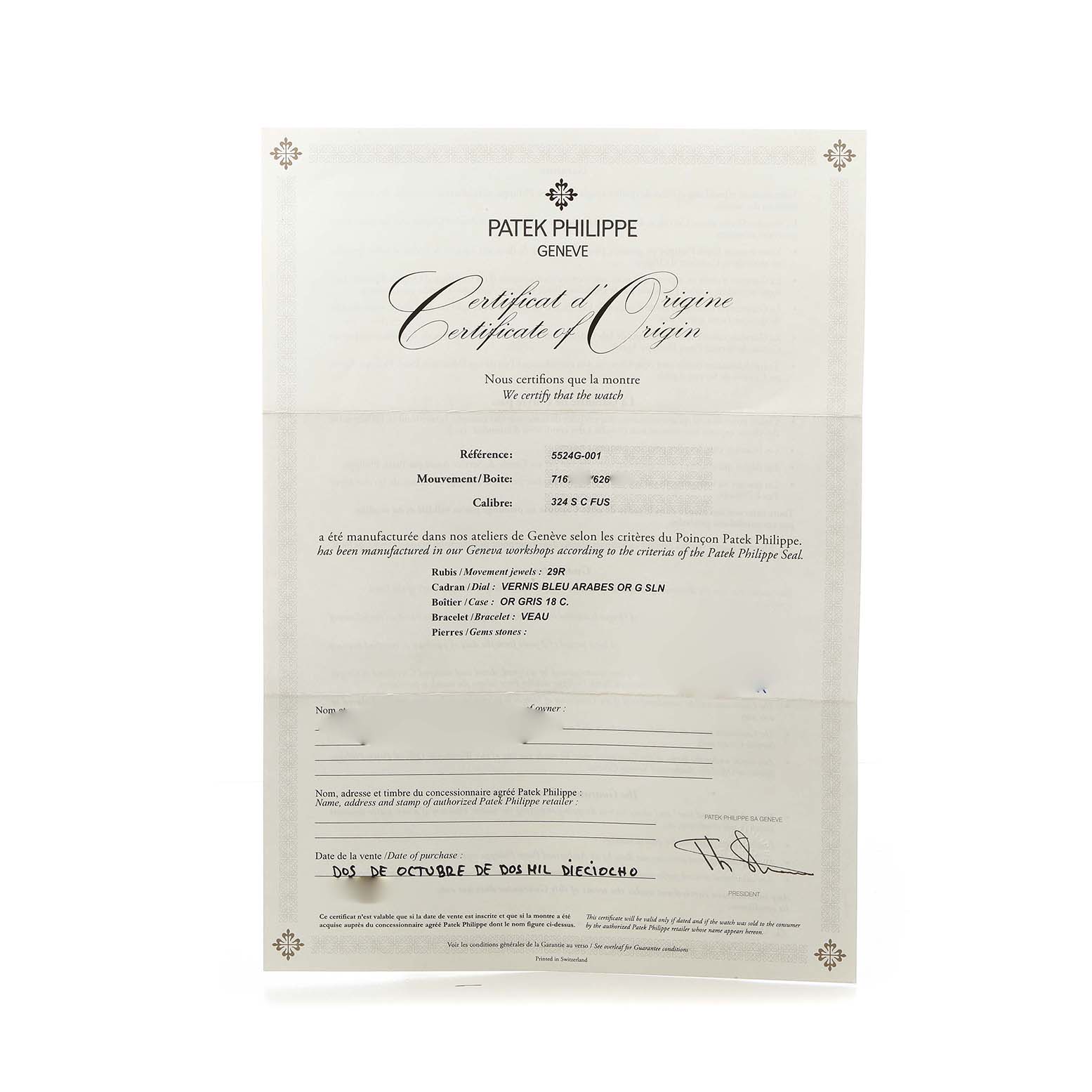 The image shows the "Certificate of Origin" for a Patek Philippe Calatrava 5524G-001 Men's White Gold Blue Dial watch, featuring model specifications and authenticity details.