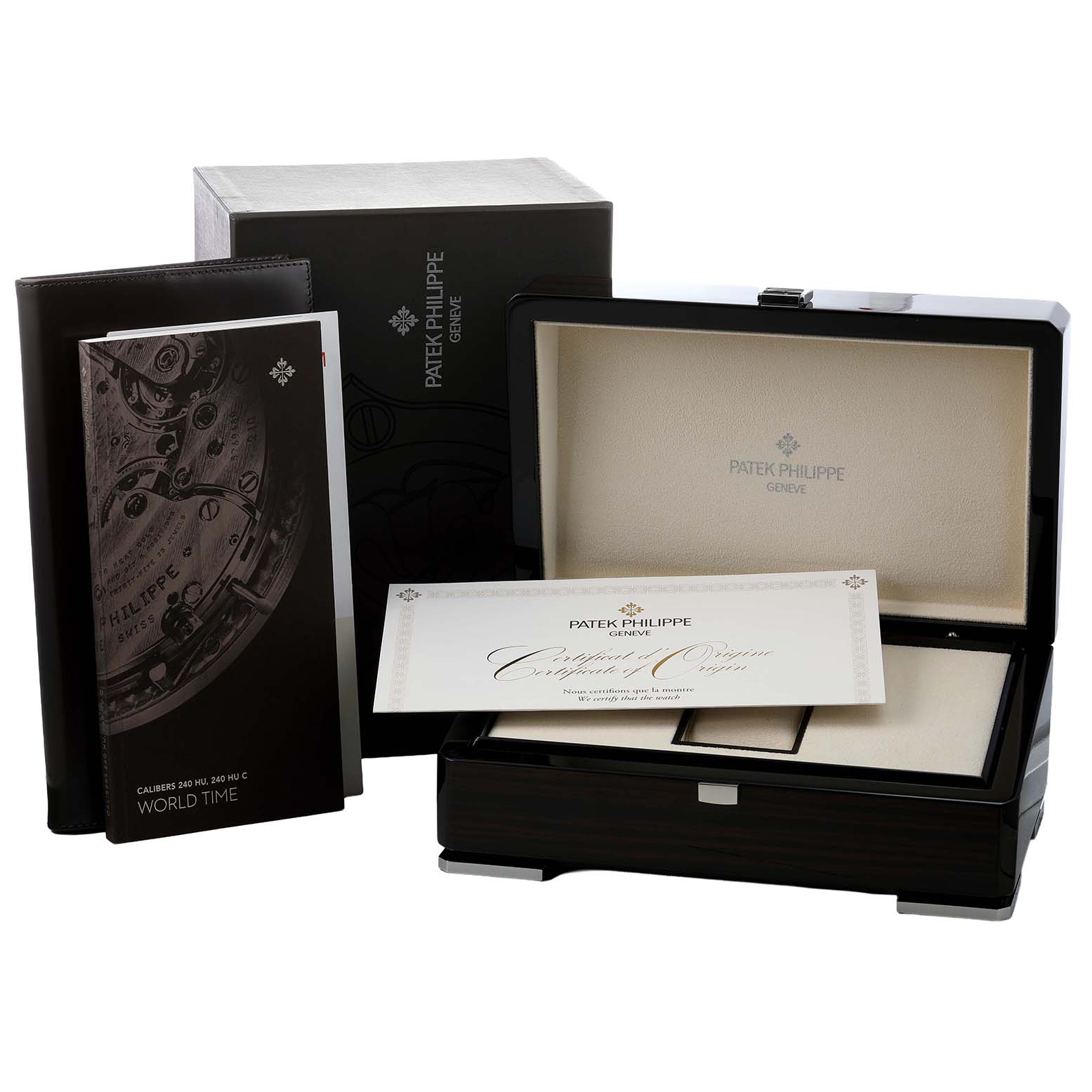 The image shows the packaging and accessories for a Patek Philippe Complications 5230P-001 Men's Platinum Blue Dial watch, including the box, manual, and certificate.