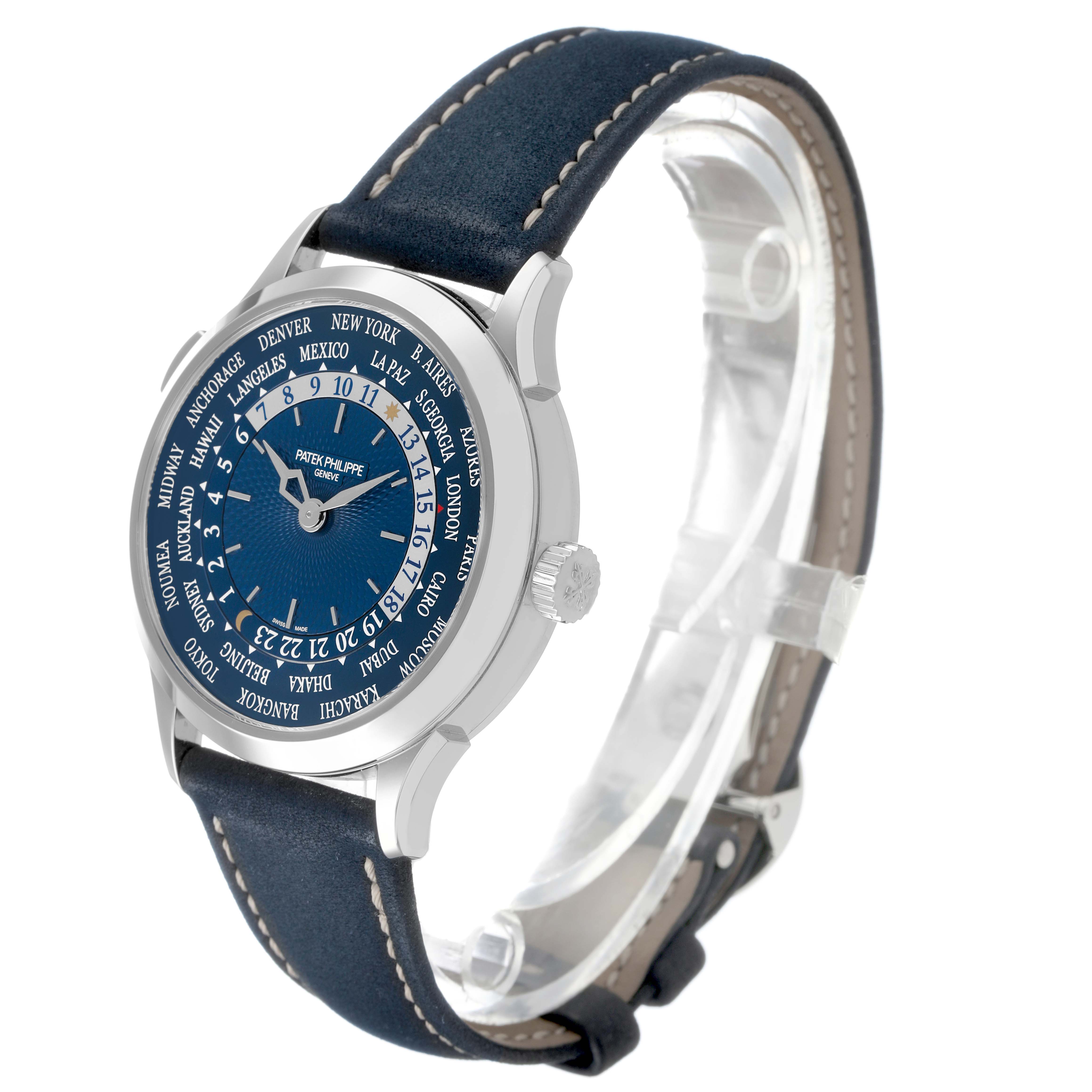 The Patek Philippe Complications 5230P-001 Men's Platinum Blue Dial watch is shown at a three-quarter angle, displaying the face, bezel, crown, and part of the strap.