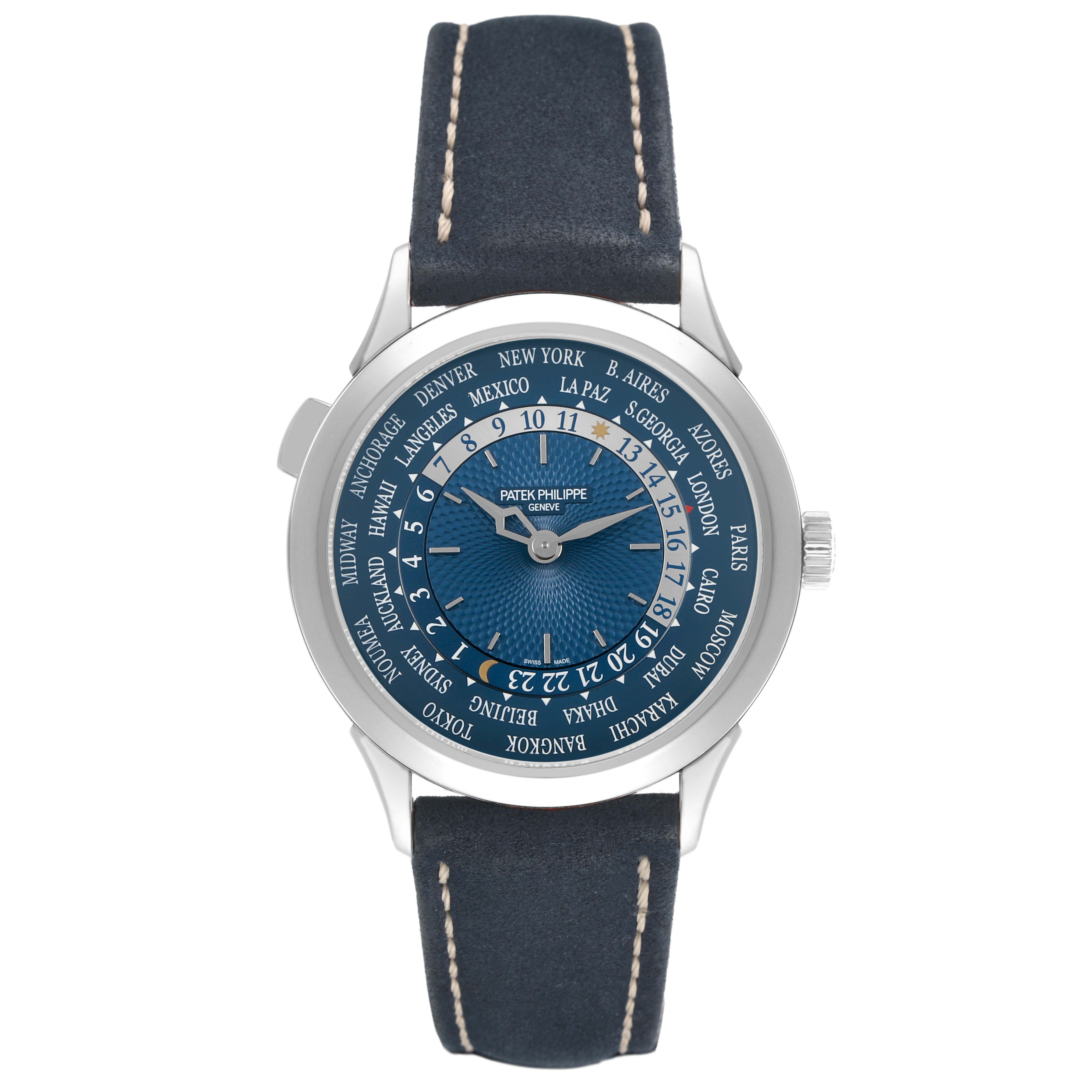The Patek Philippe Complications 5230P-001 Men's Platinum Blue Dial watch is shown from a top-down angle, displaying the entire face and blue leather strap.