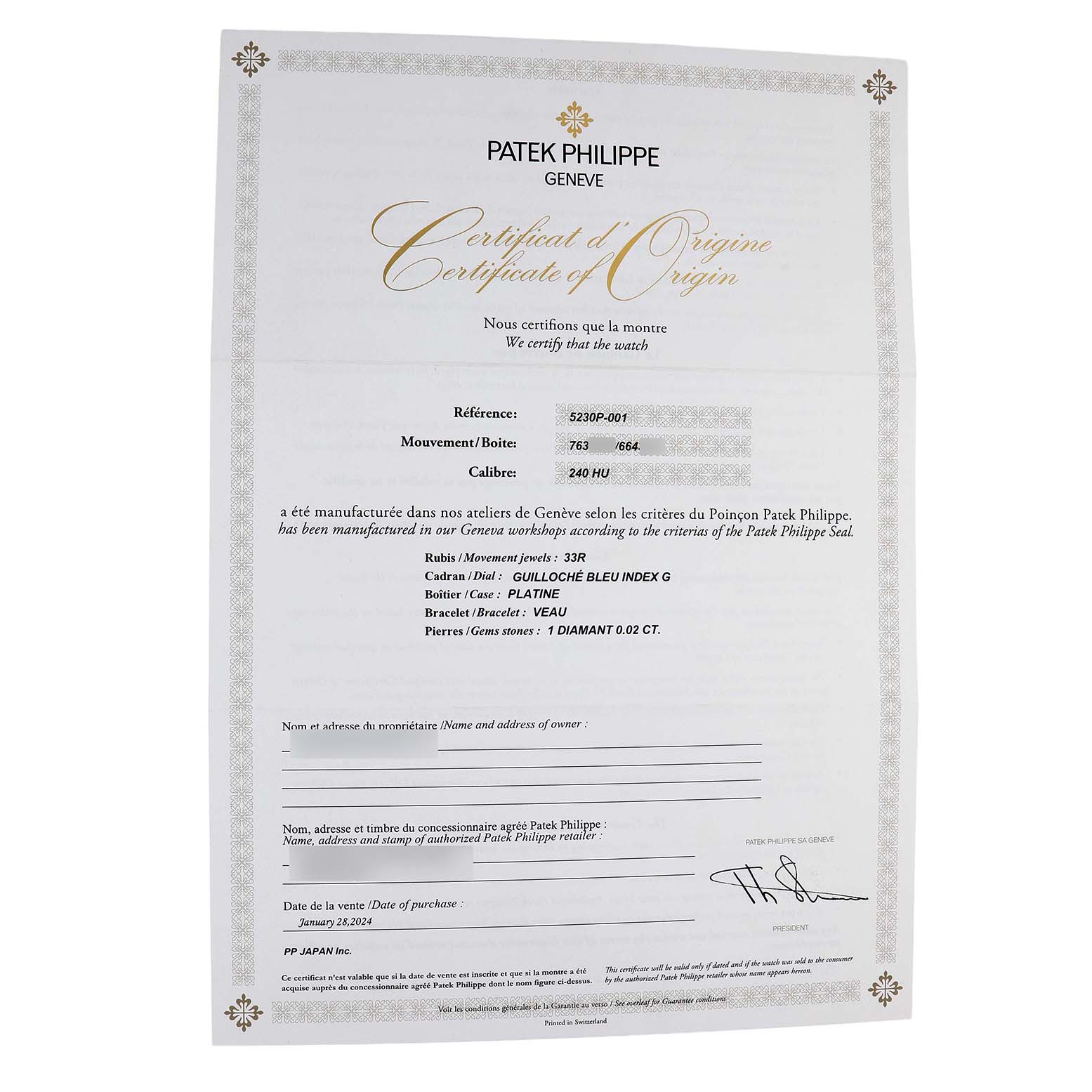 The image shows a Patek Philippe Certificate of Origin for the Complications model, detailing specifications and purchase information.