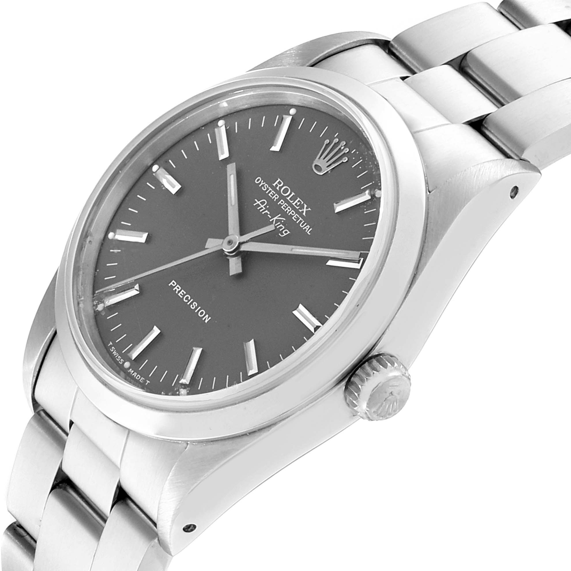The image shows a Rolex Air-King 14000 Men's Stainless Steel Grey Dial 14000 Men's Stainless Steel Grey Dial watch at an angled side view, highlighting its dial, crown, and stainless steel bracelet.