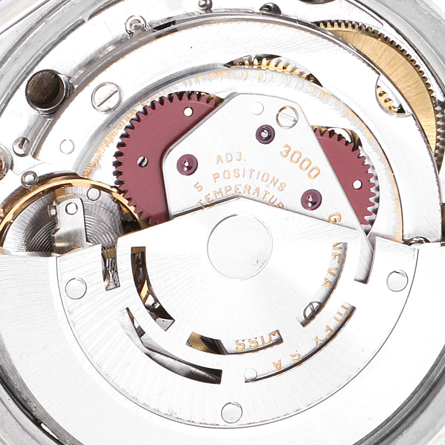 This image shows a close-up view of the movement mechanism inside a Rolex Air-King 14000 Men's Stainless Steel Grey Dial 14000 Men's Stainless Steel Grey Dial watch.